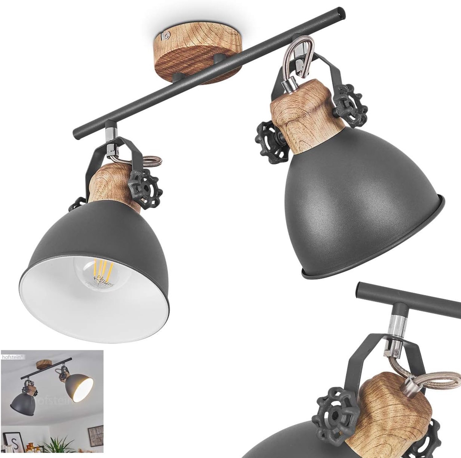 Plafondlamp Banjul, industriële plafondlamp van metaal in grijs/hout optiek, 2 x E27, 2-lamp, Ø kap 15 cm, hoogte 26,5 cm, naar wens draaibaar/zwenkbaar, zonder gloeilampen