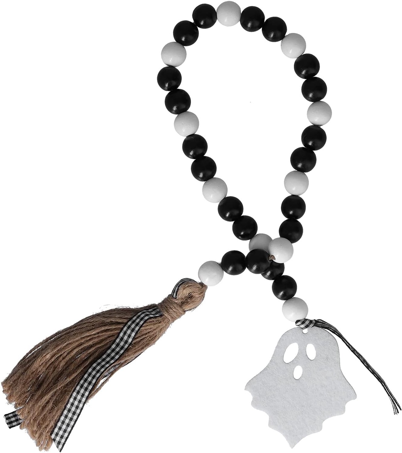 Houten kraal krans, houten kraal kwast decoraties, Halloween houten kraal Garland zwart witte houten kralen String met kwasten voor Halloween en Thanksgiving