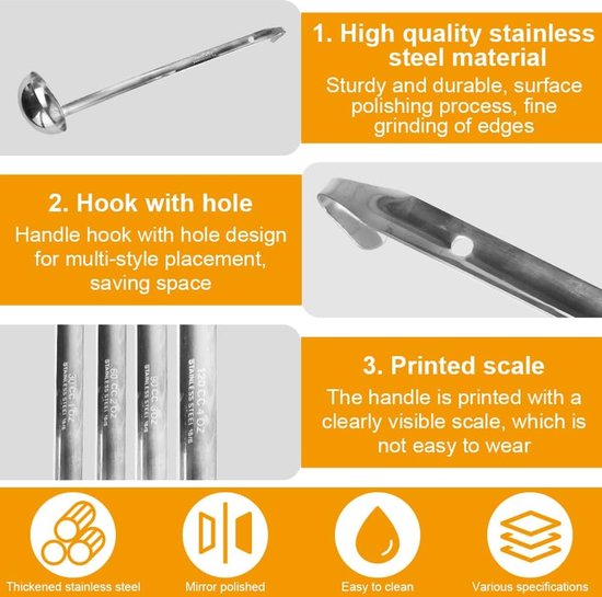 4 stuks soeplepel roestvrij staal, 1/2/3/4 oz sauslepel metalen juslepel professionele serveerlepel kleine inmaaklepel keukengerei lepel met haak en lange handgreep om te koken, zilver — afbeelding 5