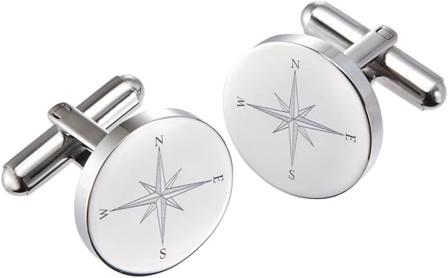 Gravado Ronde manchetknopen van roestvrij staal met kompas gravure, pak accessoire, inclusief geschenkdoos, herensieraden, Roestvrij staal, zonder steen