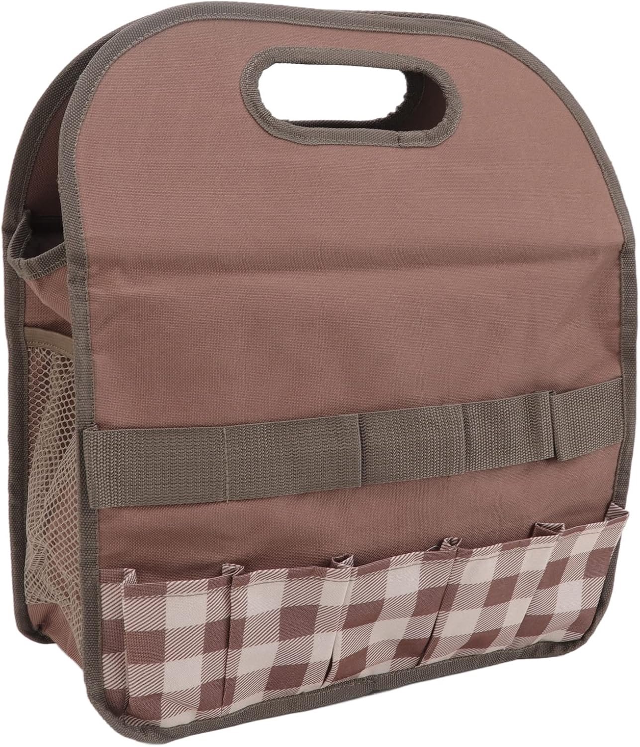 Tuingereedschapstas, Oxford stoffen tuingereedschapstas 600d Oxford doek met grote capaciteit, tuingereedschap organizertas voor het bewaren van zaden, meststoffen, gereedschappen (Brown with Plaid)