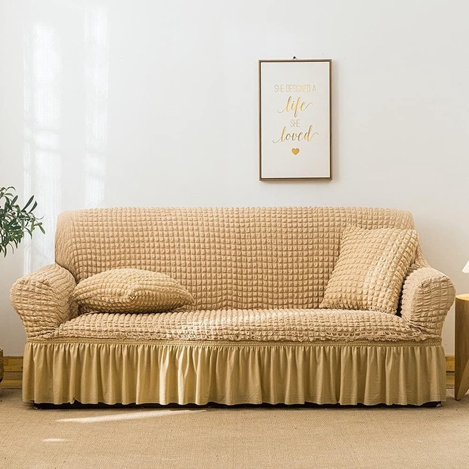 Seersucker stoffen bankhoes voor woonkamer, zachte hoes beschermer met unieke stijl, anti-stofrok, beige, 4-zits (235 x 300 cm), geschikt voor de meeste banken