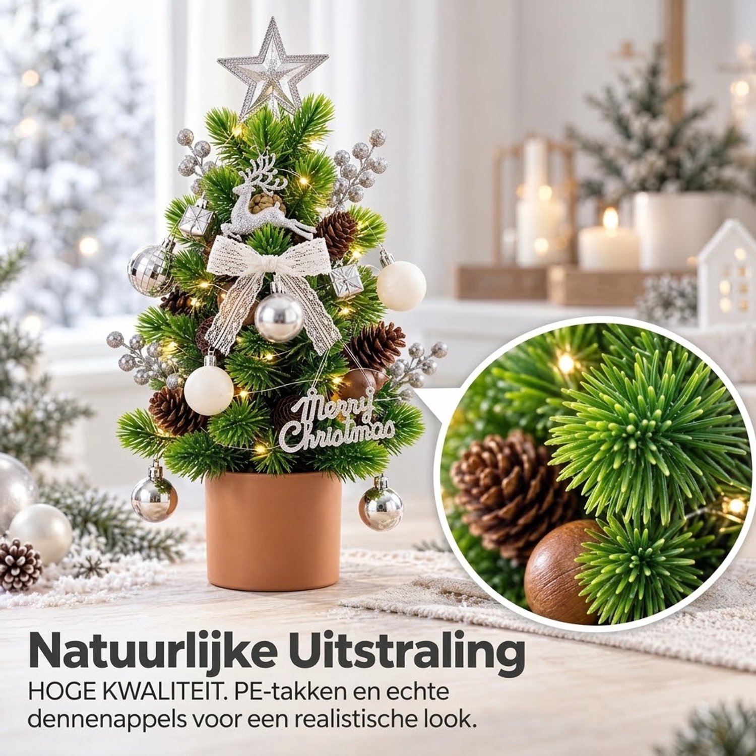 Mini Kunstkerstboom 45 cm met LED Verlichting - DIY Decoratieset – Kerstversiering - Realistische Kerstboom in Pot – Sfeervolle Kerstversiering voor Woonkamer, Eettafel of Kantoor – foto 7