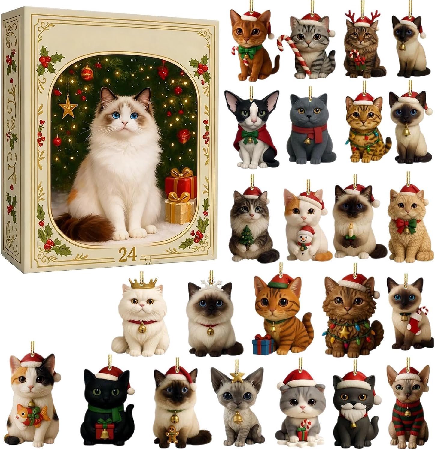 Katten adventskalenders 2025 | 24 dagen kattenornamenten aftelkalender 2025 | 2D platte kattenhanger adventskalenders | Leuke kitten figuur kerstboomdecoraties voor dierenliefhebbers