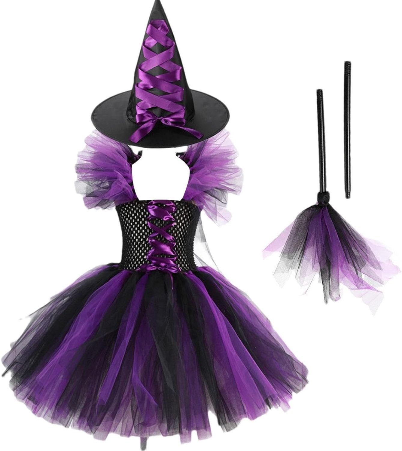 Heksenkostuum voor meisjes, fantasy, Halloween-outfit met heksenbezem en
