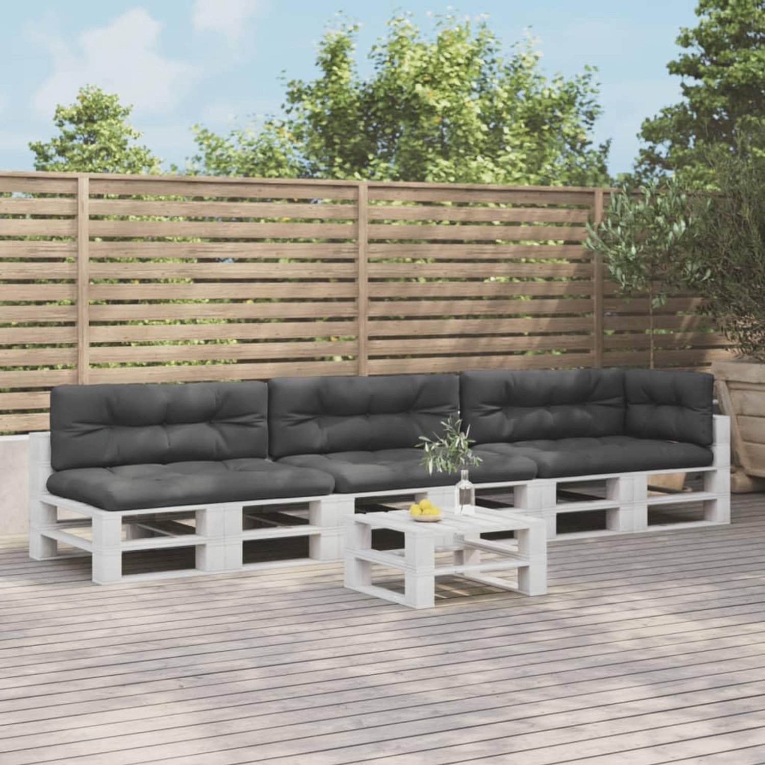 Palletkussens 7-delig antraciet van polyester, waterdicht en UV-bestendig voor buiten, gevuld met holle vezels voor zacht zitcomfort, veelzijdig als zitkussen