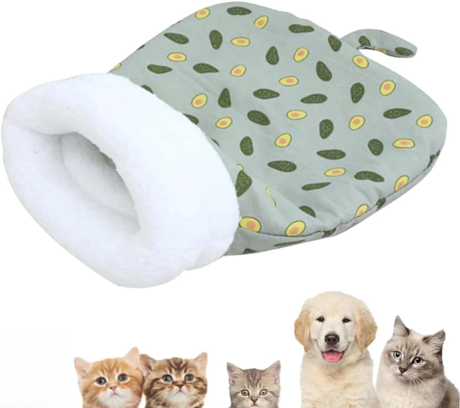 Gezellig huisdiernest voor katten en honden, zachte pluche hondenkattenzak, zelfverwarmende kattenbedgrot, draagbaar huisdiernest, klein hondenbed voor alle seizoenen binnenshuis (Avocado