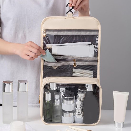 Lyrlody Toilettas, PU Lederen Reistoilettas met Handvat, Grote Capaciteit Waterdichte Make-up Organizer met Meerdere Compartimenten 24 X 40 X 20 Cm voor Zakenreizen (Beige) — afbeelding 3