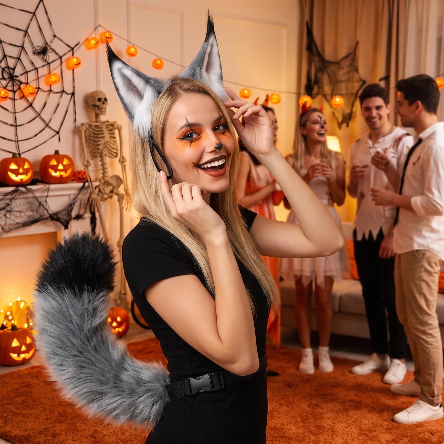 Harige oren en staart, 2 stuks kattenoren hoofdband cosplay accessoires, grijs zacht pluche materiaal verstelbare oorpositie realistisch ontwerp voor cosplay, Halloween, feesten