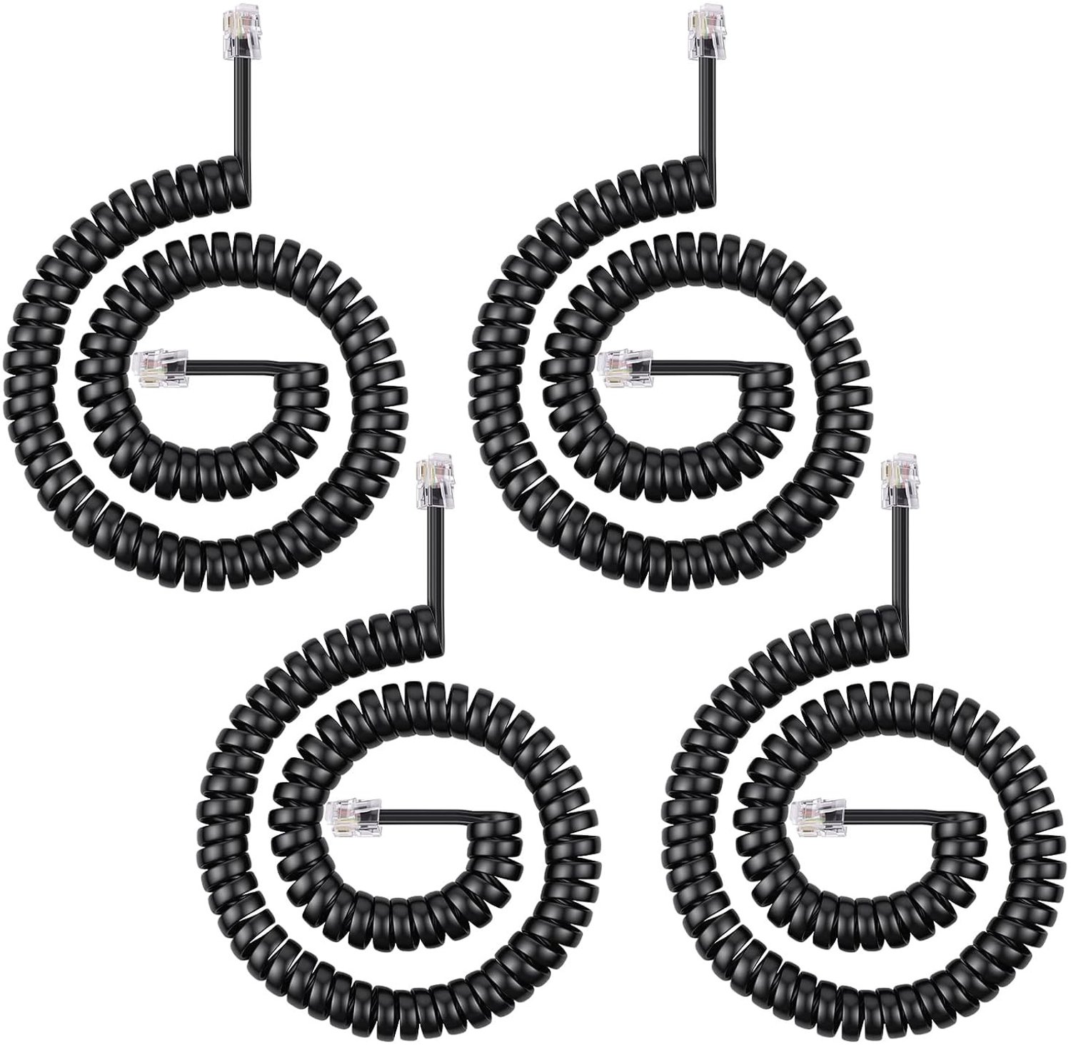 4-Pack Telefoonkabels - 3m Lange Gewonden Telefoonkabels voor Handset, RJ9/RJ10/RJ22 (4P4C) - Ideaal voor Thuis en Kantoor, Zwart, Betrouwbare Verbindingen