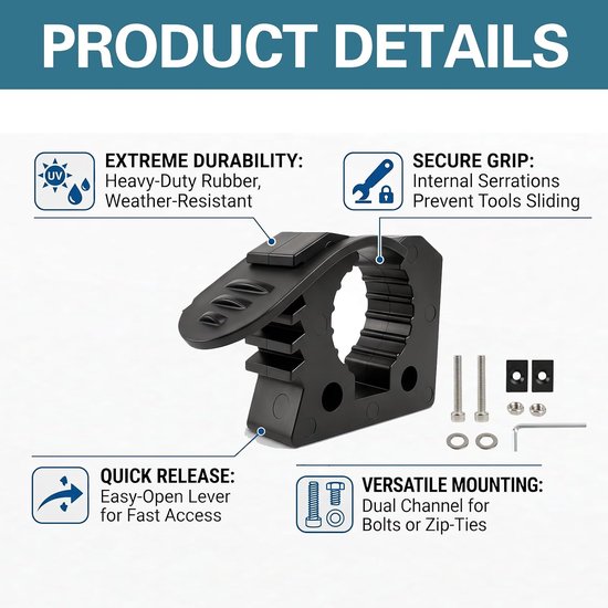 2 stuks schophouders van robuust rubber, verstelbare montagehouder, Quick Fist houder, voor gereedschapshandgrepen met een diameter van 3-4 cm, vrachtwagen, dakbagagedrager, garage en wandmontage — afbeelding 3