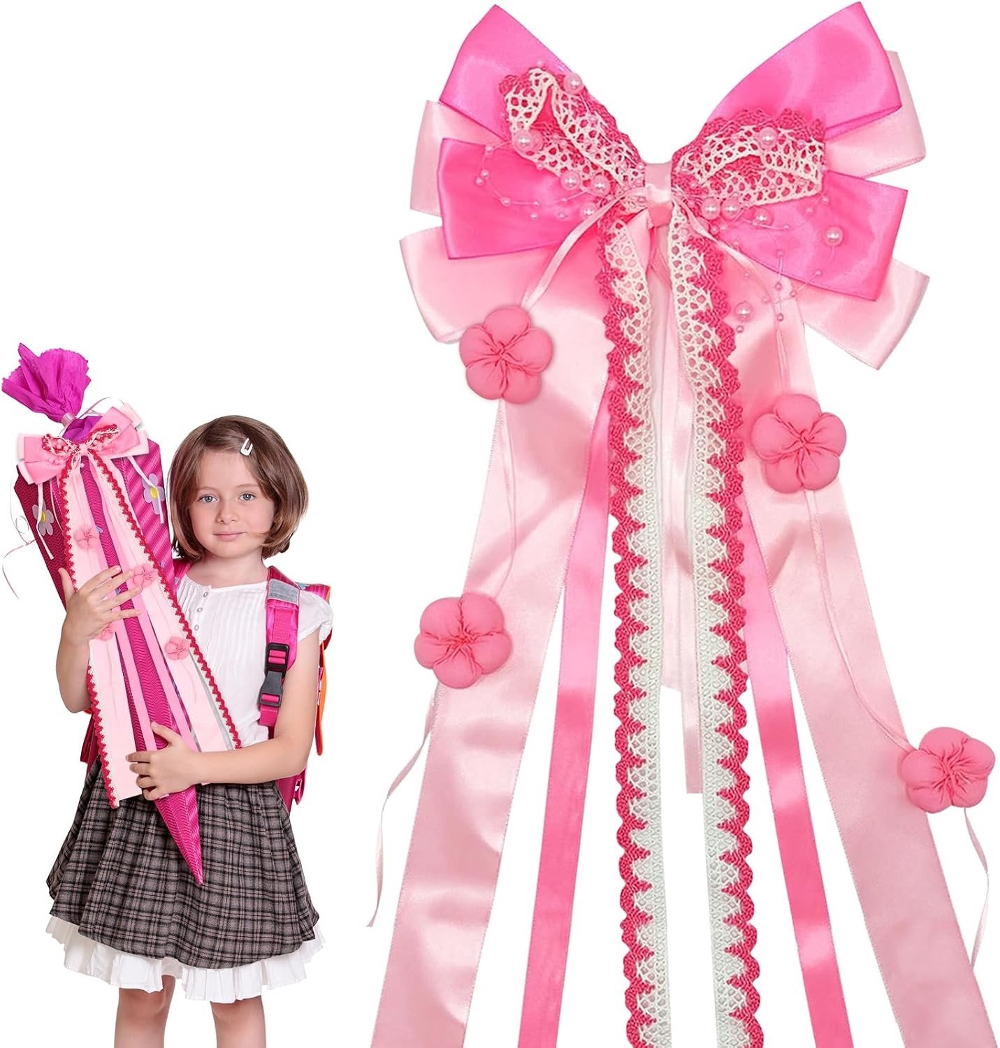Persoonlijke Schooltas voor Meisjes met Strik, Handgemaakte Accessoires en Snoepzak voor de Eerste Schooldag (Roze)