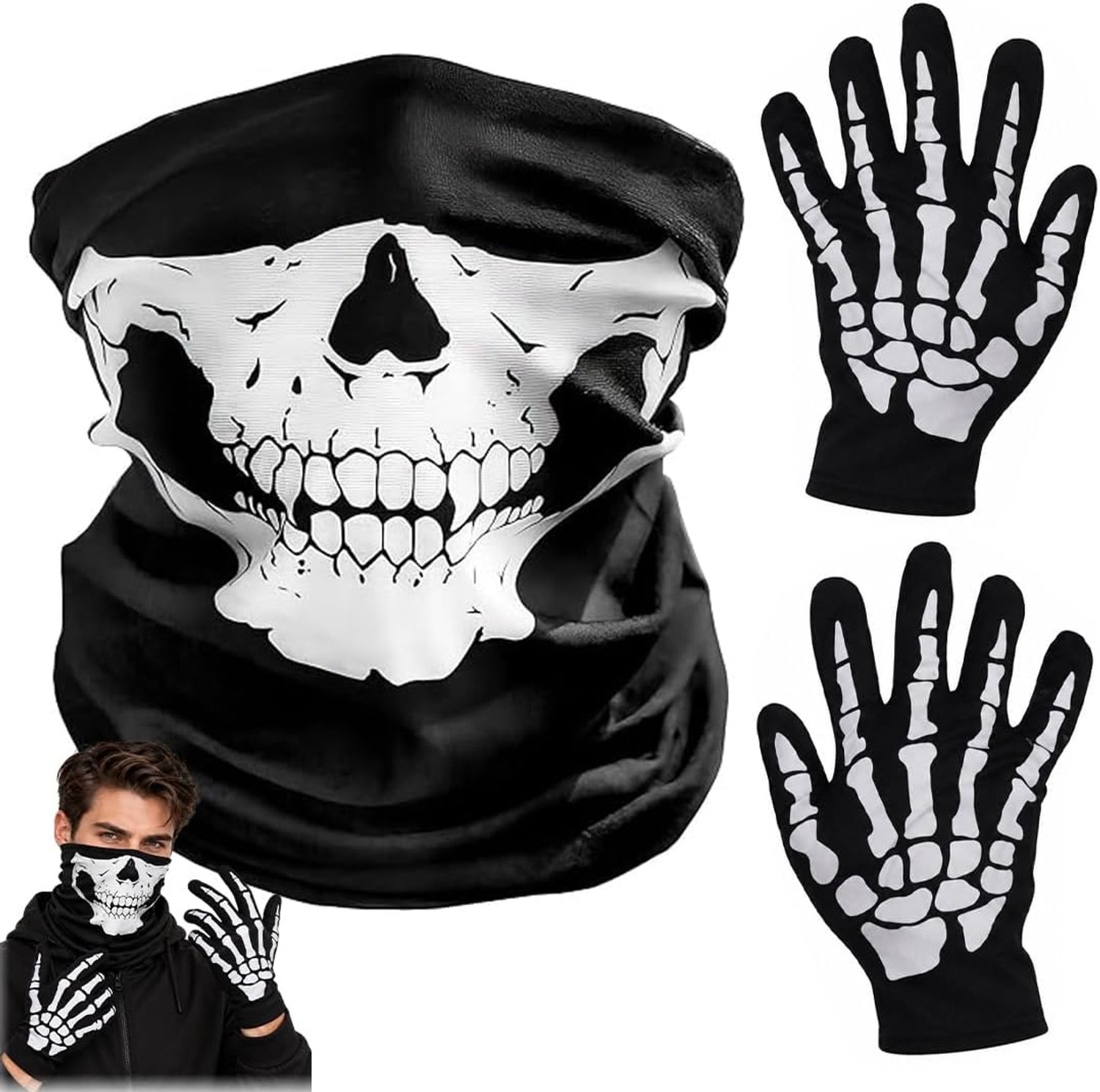 Witte Skelet Handschoenen en Schedelmasker, Spookmasker, Halloween Skelet, voor Volwassen Halloween Kostuumfeest