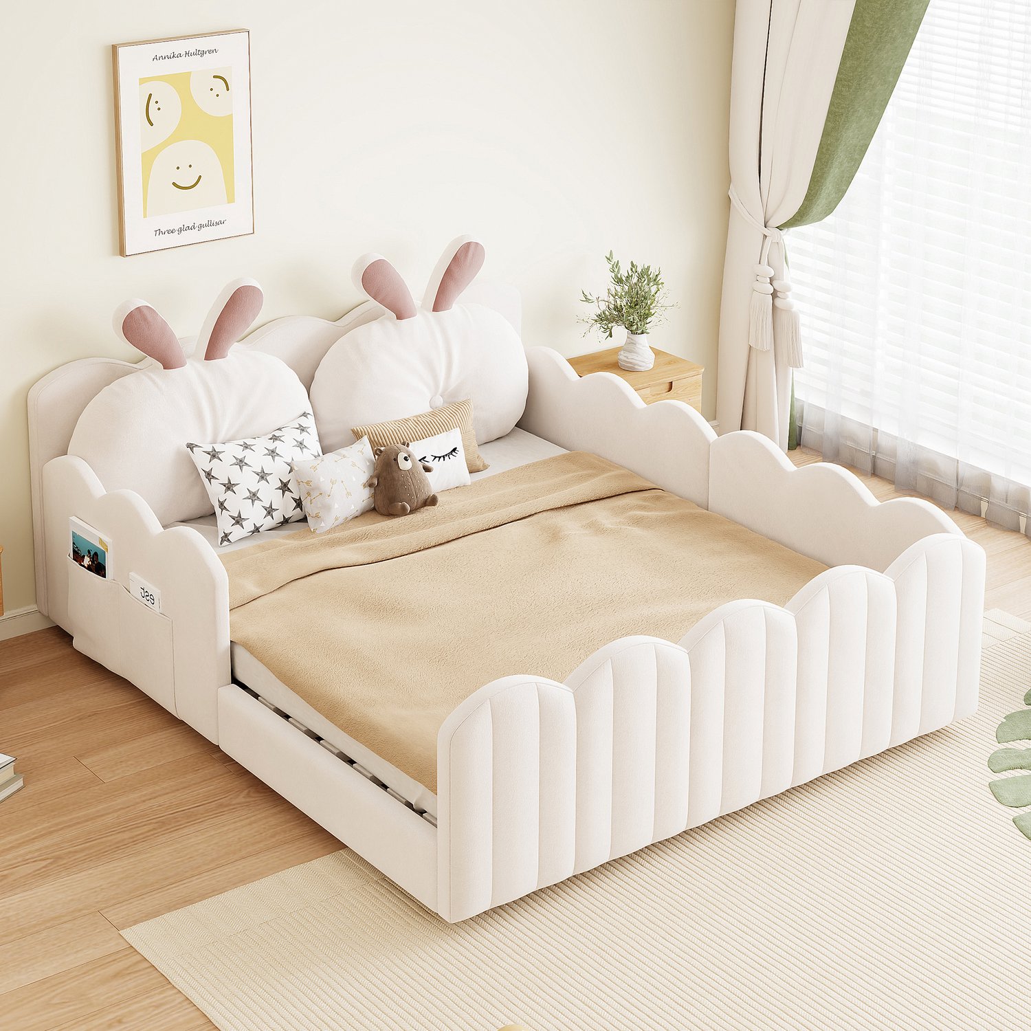 MUVANO Gestoffeerd platformbed 140x200 - kinderbed met konijnenkussen - beige bed 140x200 - bed met veiligheidshekken - fluwelen bekleding