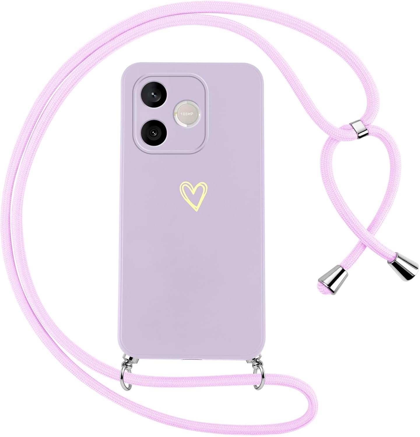 Beschermhoes voor Honor 600 Lite 5G met koord, zachte siliconen hoes met hartpatroon, verstelbaar trekkoord, schokbestendig, krasbestendig, halsband, paars