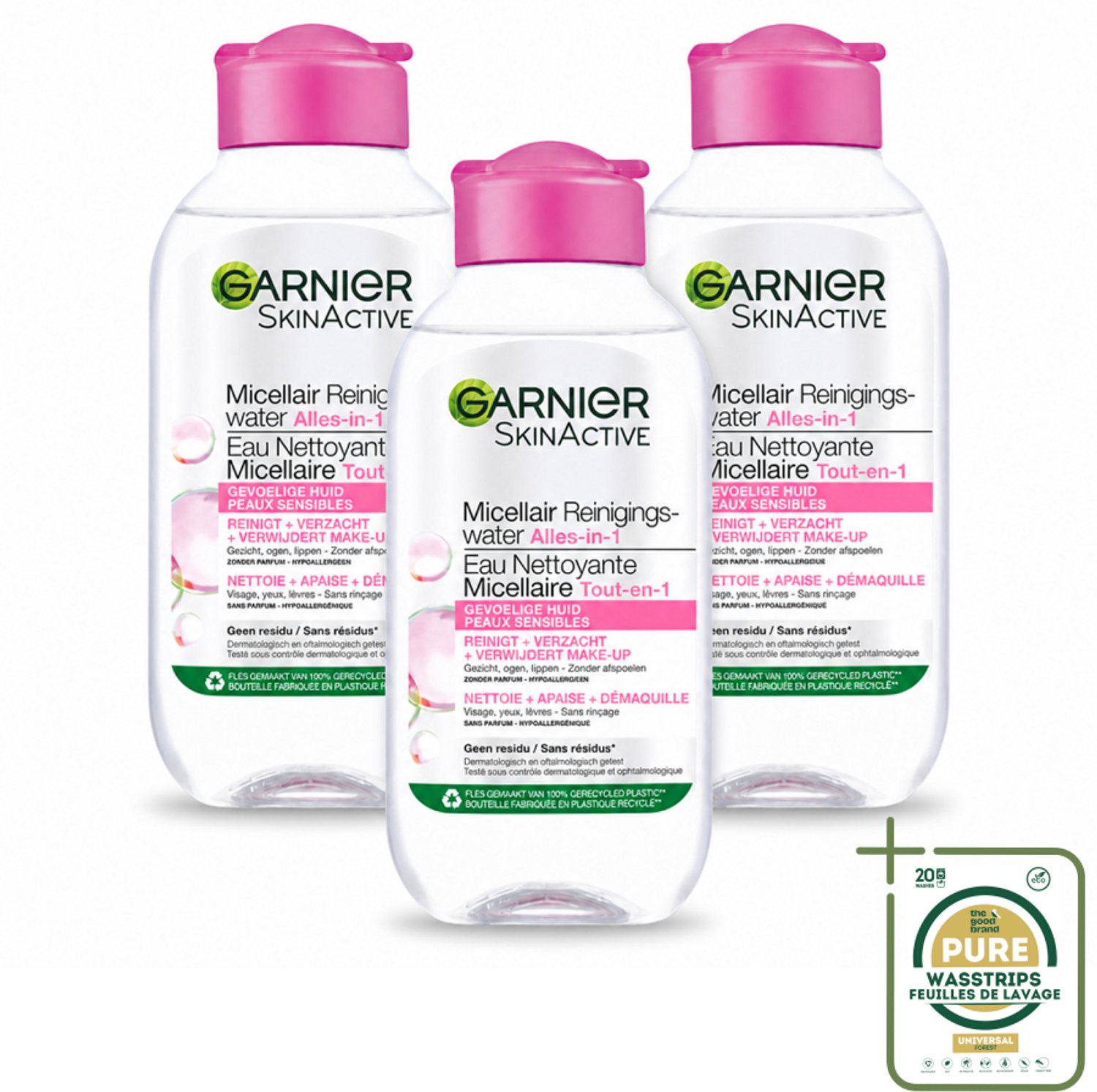 3 x Garnier - SkinActive - Micellair Reinigingswater - Gevoelige Huid - Reisformaat - 100 ml - Wasstrips - Gevoelige Huid Reinigen - Micellair Reinigingswater - Gezicht Reinigen - Make-up Verwijderen - Huid Verzachten