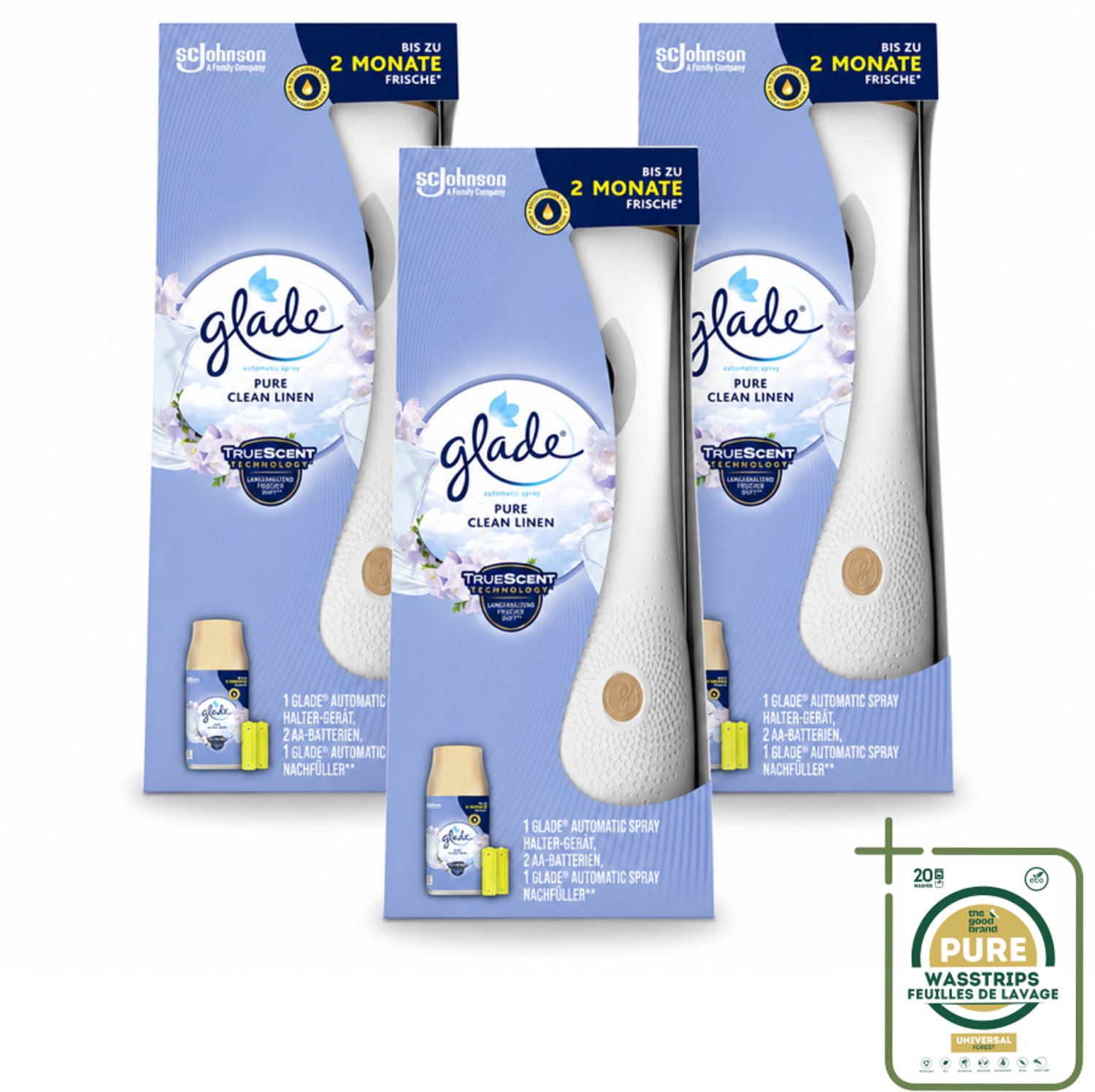 3 x Glade - Startset Automatische Spray - Pure Clean Linen - 269 ml - Wasstrips - Automatische Luchtverfrisser - Frisheid In Huis - Geur In De Woonkamer - Geur In De Hal - Geur In De Slaapkamer