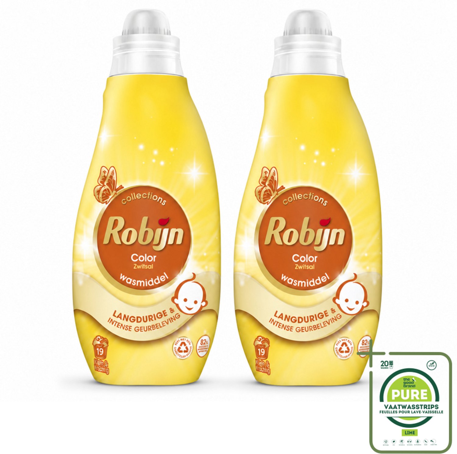 2 x Robijn - Klein & Krachtig Collections Color Zwitsal - Vloeibaar Wasmiddel - 19 Wasbeurten - Grootverpakking - Vaatwasstrips - Wasmiddel Kleurbehoud - Wasmiddel Zwitsal - Wasmiddel Bonte Was - Wasmiddel 40°C - Wasmiddel Biologisch Afbreekbaar