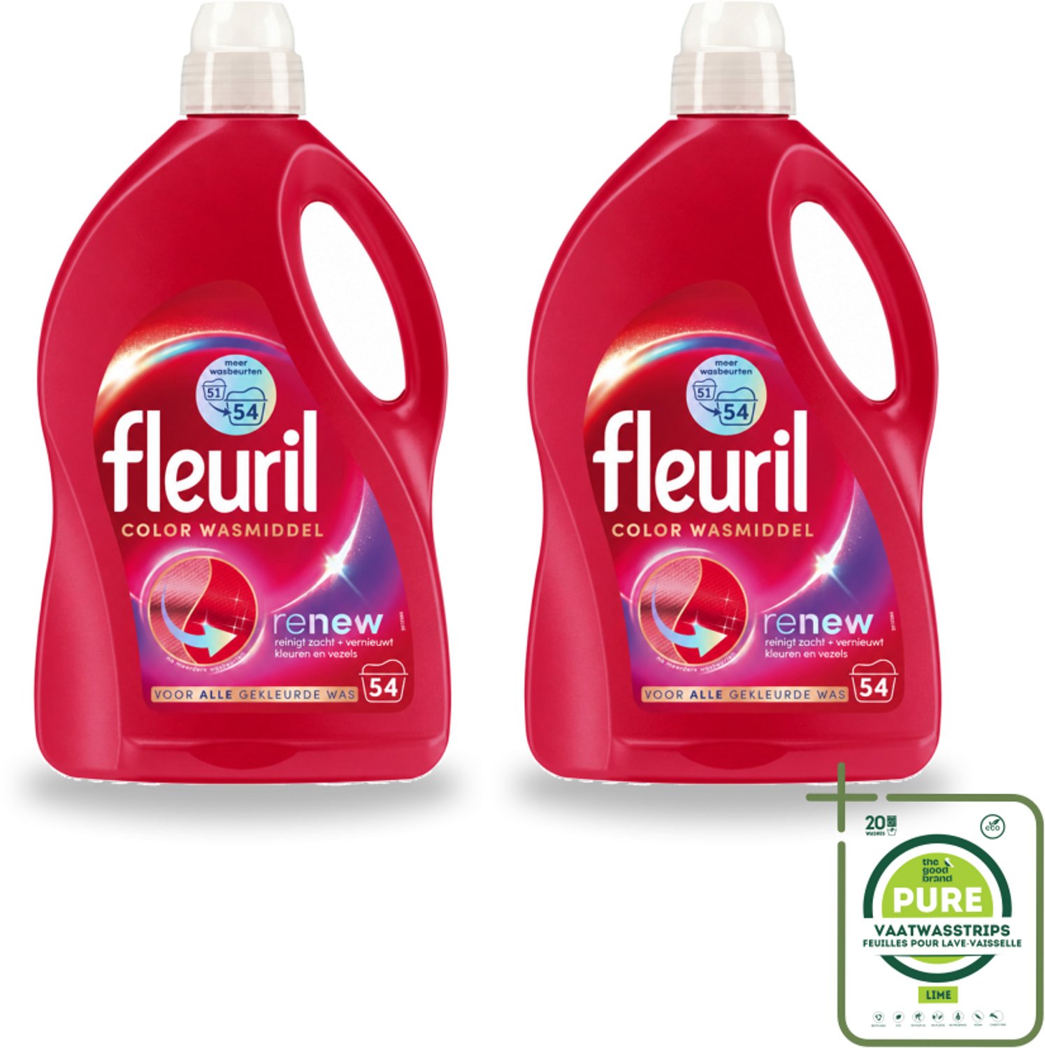 2 x Fleuril - Wasmiddel - Renew Color Vloeibaar Wasmiddel - Gekleurde Was - 54 wasbeurten - Grootverpakking - Vaatwasstrips - Kleurbehoud - Wasmiddel Voor Gekleurde Kleding - Vloeibaar Wasmiddel - Vezelverzorging - Frisse Geur