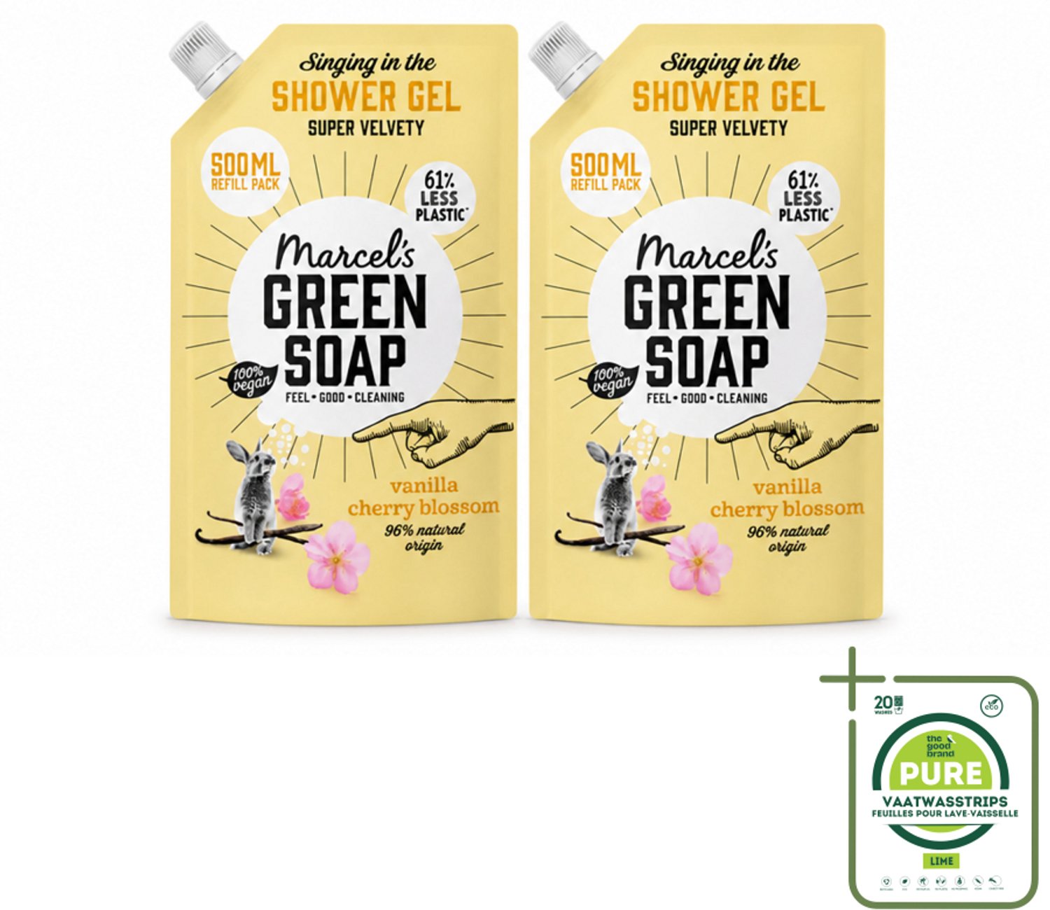 2 x Marcel's Green Soap - Shower Gel - Navulling - Vanille & Kersenbloesem - Krachtige werking - 500 ml - Grootverpakking - Vaatwasstrips - Douchegel - Natuurlijke Douchegel - Ecologische Douchegel - Vegan Douchegel - Biologische Douchegel