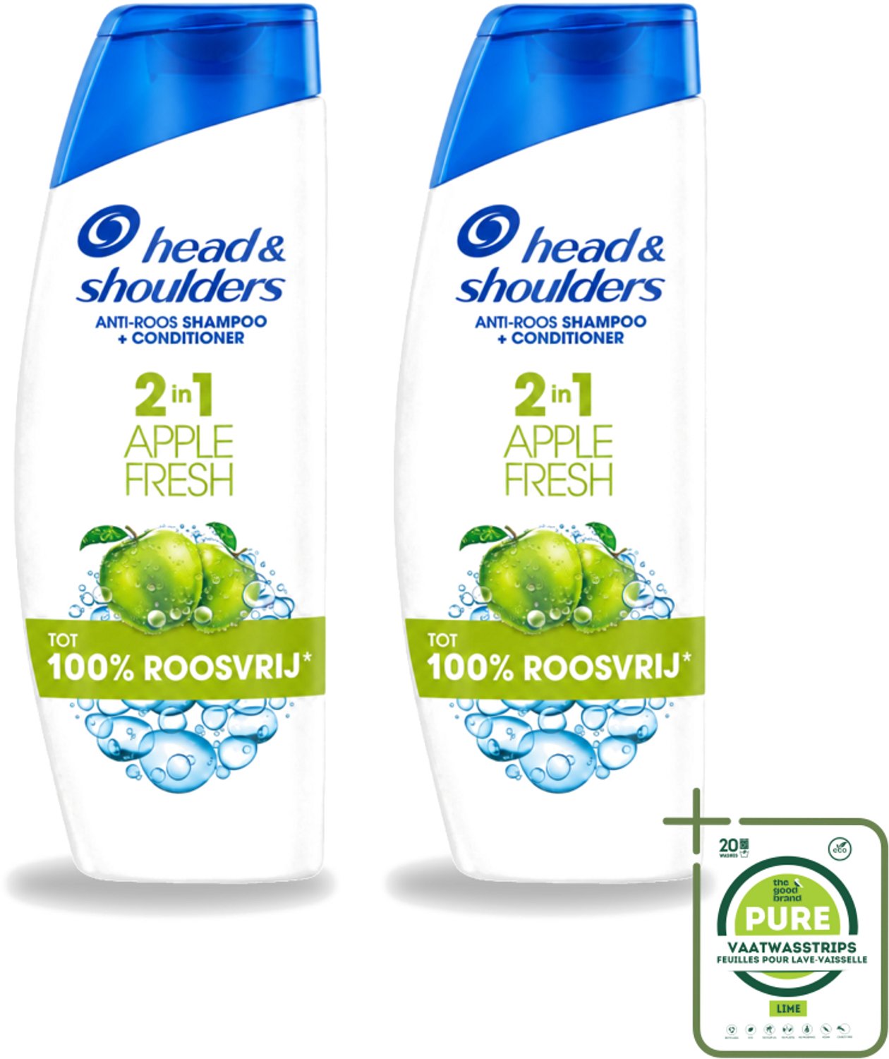 2 x Head & Shoulders - Shampoo - 2-in-1 - Apple Fresh - 100% Roosvrij - 300 ml - Grootverpakking - Vaatwasstrips - Anti-roos Shampoo - Hoofdproblemen - Hoofdhuidgezondheid - Microbioom - PH Balans