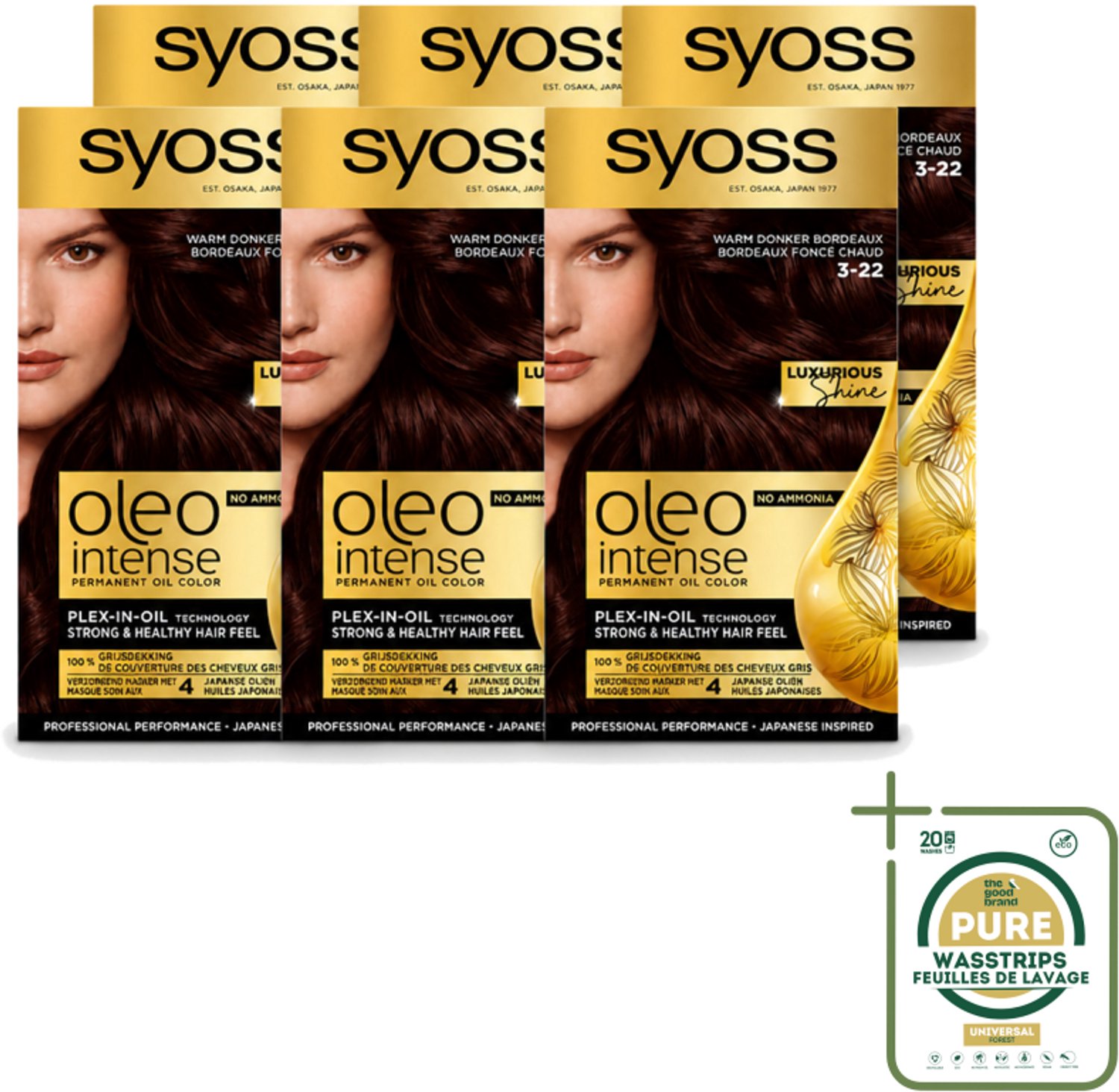 6 x SYOSS - Oleo Intense 3-22 - Haarverf - Permanente Haarkleuring - Warm Donker Bordeaux - Langdurige Kleur - Wasstrips - Haarverf - Permanent Haarverf - Warm Bordeaux - Donker Rood - Haarkleur