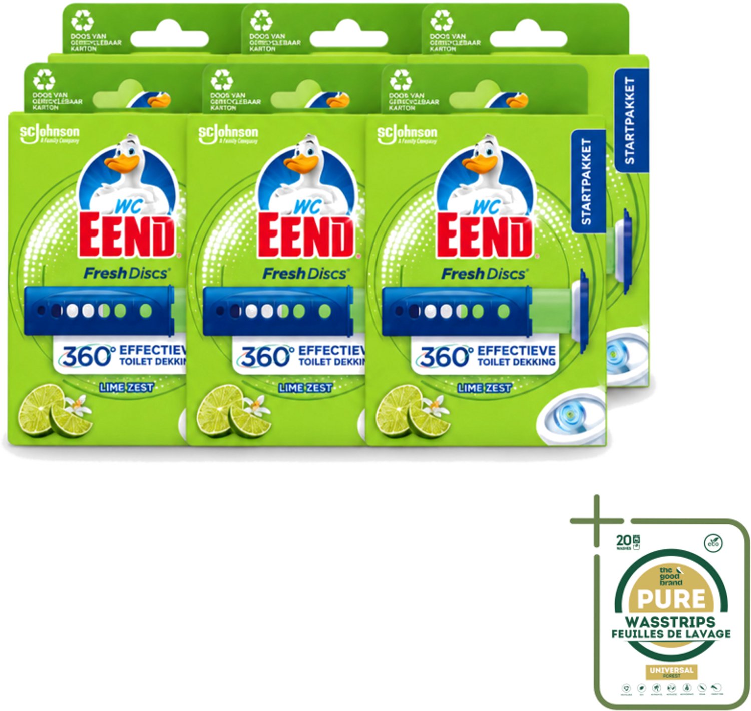 6 x WC Eend - Fresh Discs Lime Zest - Toiletgel - Hygiënisch & Fris tot 7,5 Weken - 36 ml - Wasstrips - Toiletgel - Toilet Reinigen - Toilet Hygiëne - Toilet Fris - Toiletgeur