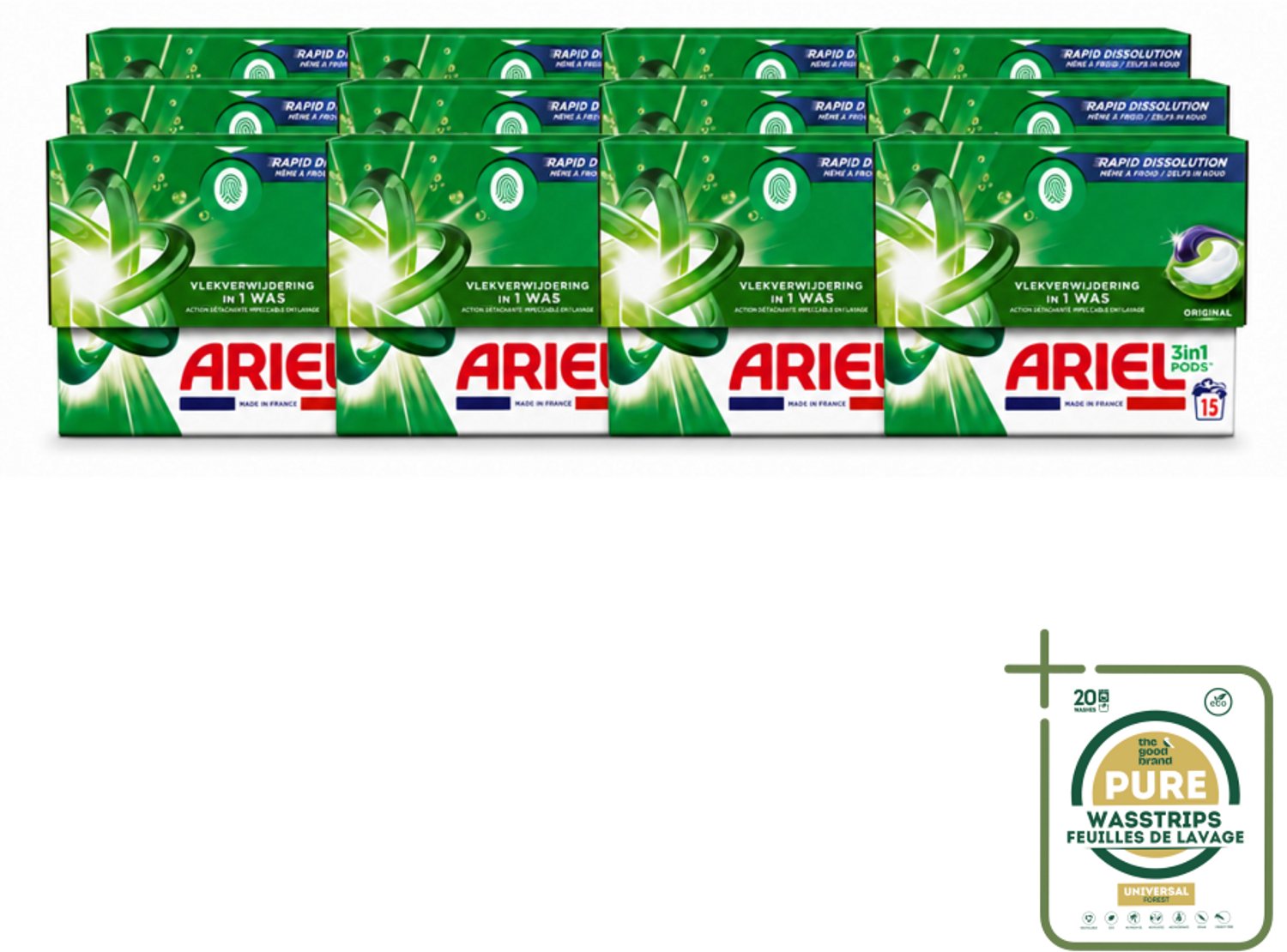 12 x Ariel - 3in1 Wasmiddel Pods - Original - 15 Pods - Wasstrips - Ariel 3in1 Pods - Wasmiddel Pod - Wasmiddel Voor Koude Was - Krachtige Wasmiddel - Vlekverwijderend Wasmiddel