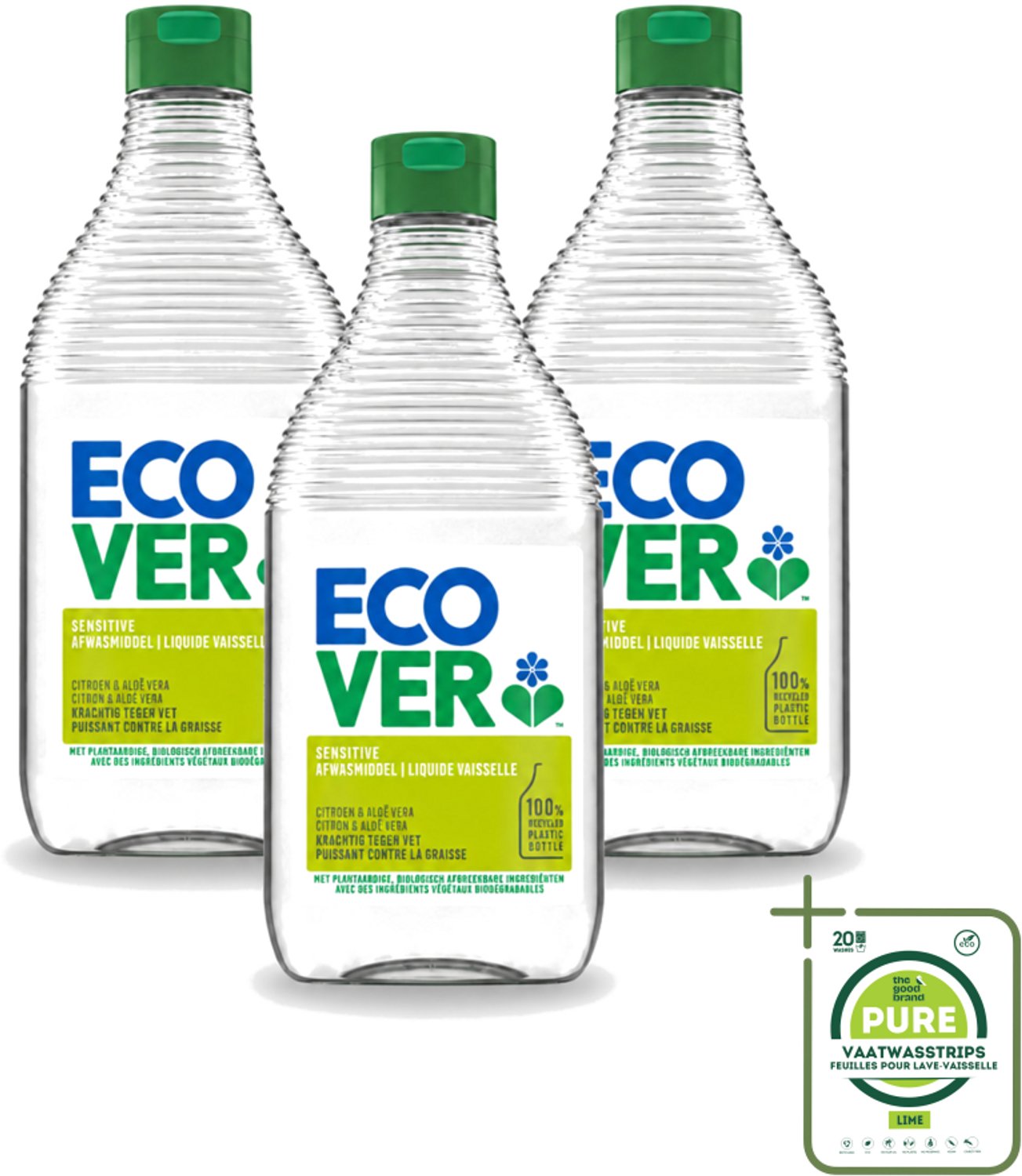 3 x Ecover - Afwasmiddel - Citroen & Aloë Vera - 450 ml - Grootverpakking - Vaatwasstrips - Afwasmiddel Citroen Aloë Vera - Milieuvriendelijk Afwassen - Plantaardig Afwasmiddel - Fris Afwassen - Huidvriendelijk Afwasmiddel