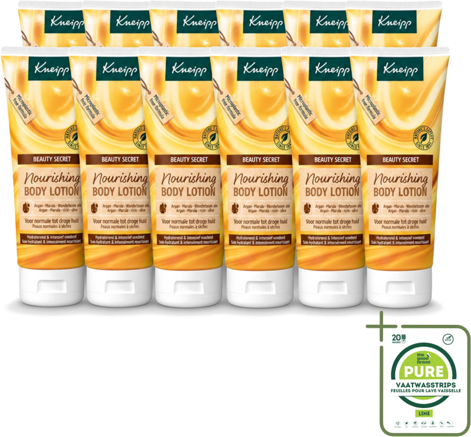 12 x Kneipp - Body lotion - Beauty Secret - Voor normale tot droge huid - 200 ml - Grootverpakking - Vaatwasstrips - Beauty Secret - Huidverzorging - Voedende Bodylotion - Natuurlijke Oliën - Arganolie