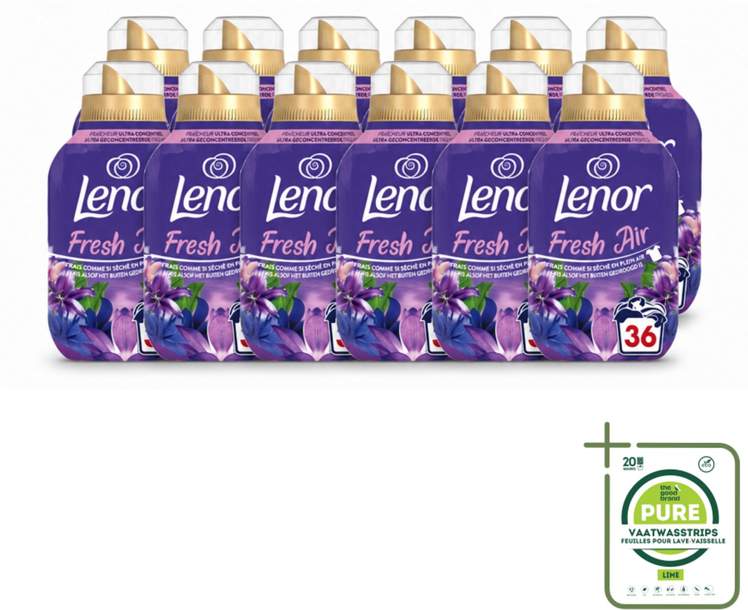 12 x Lenor - Wasverzachter - Fresh Air Maneschijn - Ultra Geconcentreerd - 36 Wasbeurten - Grootverpakking - Vaatwasstrips - Wasverzachter - Frisheid - Buiten Geur - Wasgoed - Kledingbescherming