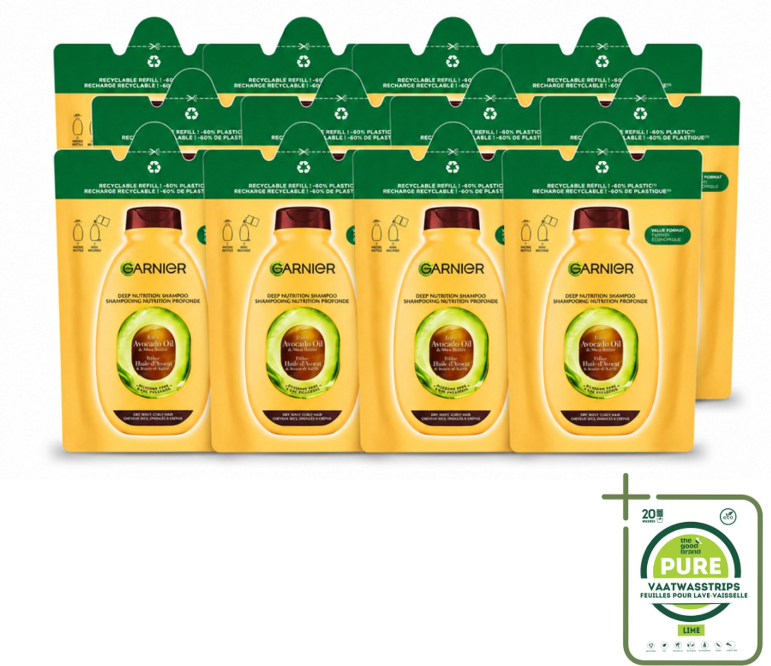 12 x Garnier - Loving Blends - Shampoo Refill - Avocado Olie & Shea Boter - Zeer Droog, Golvend of Krullend Haar - 250 ml - Grootverpakking - Vaatwasstrips - Shampoo Refill - Avocado Olie - Shea Boter - Droog Haar - Krullend Haar