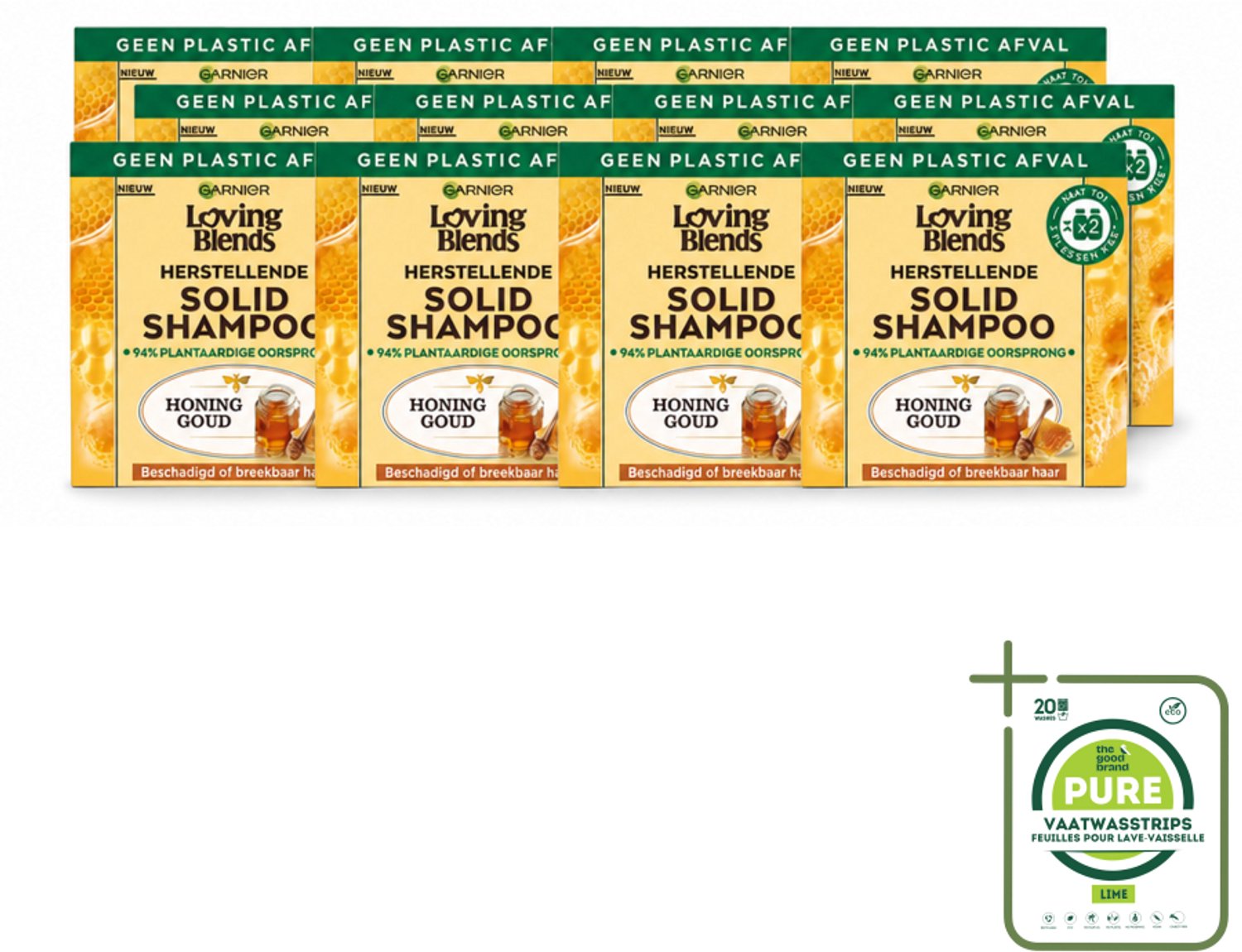 12 x Garnier - Loving Blends - Solid Shampoo - Honing Goud - Beschadigd of Breekbaar Haar - 1 Fles Shampoo - Grootverpakking - Vaatwasstrips - Vaste Shampoo - Herstel Haar - Beschadigd Haar - Breekbaar Haar - Honing Shampoo