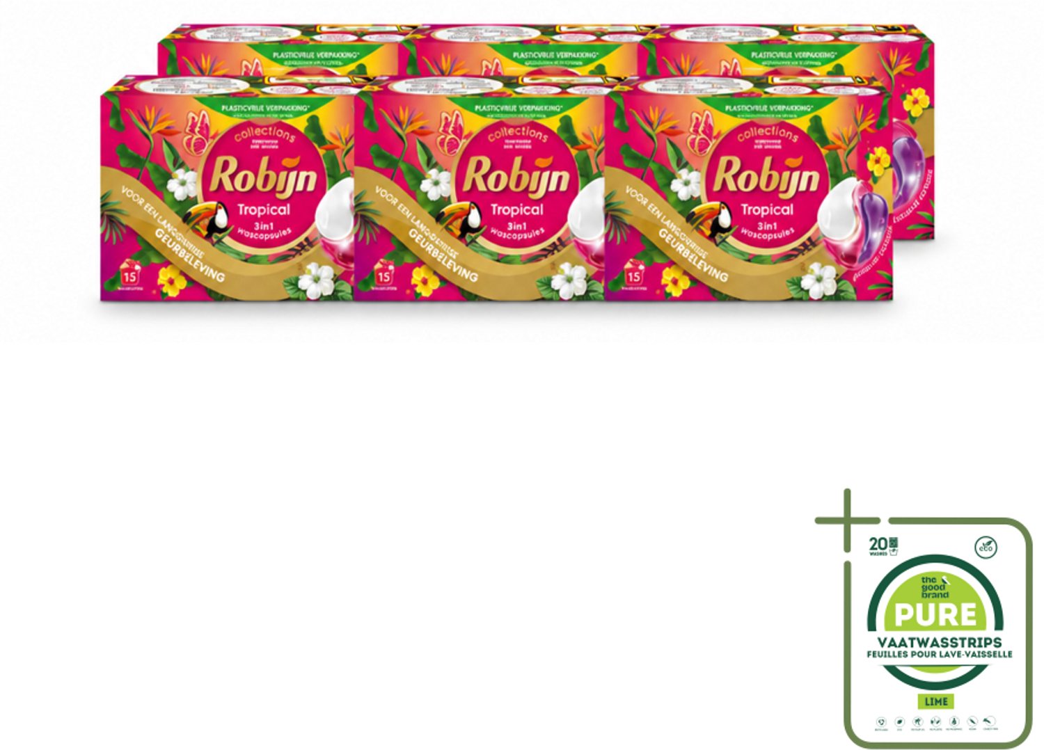 6 x Robijn - 3-in-1 Tropical - Wascapsules - 15 Wasbeurten - Grootverpakking - Vaatwasstrips - Tropische Geur - Wascapsules - Kleurbehoud - Wasverzachter - Biologisch Afbreekbaar