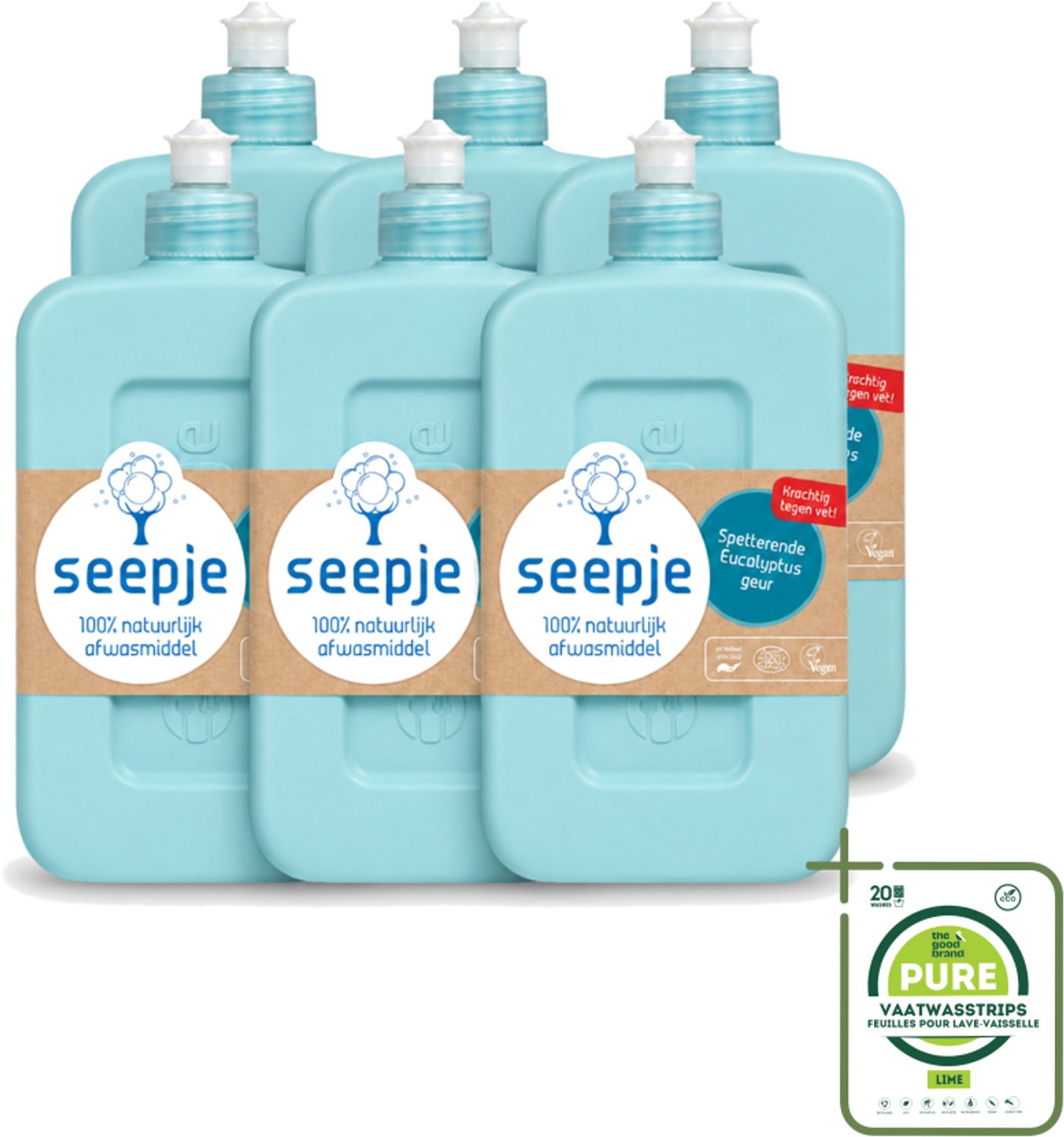 6 x Seepje - Afwasmiddel - Verfrissend & Zacht voor de Handen - Spetterende Eucalyptus - 500 ml - Grootverpakking - Vaatwasstrips - Afwasmiddel - Eucalyptus - Handen Reinigen - Natuurlijk Afwasmiddel - Vet Verwijderen