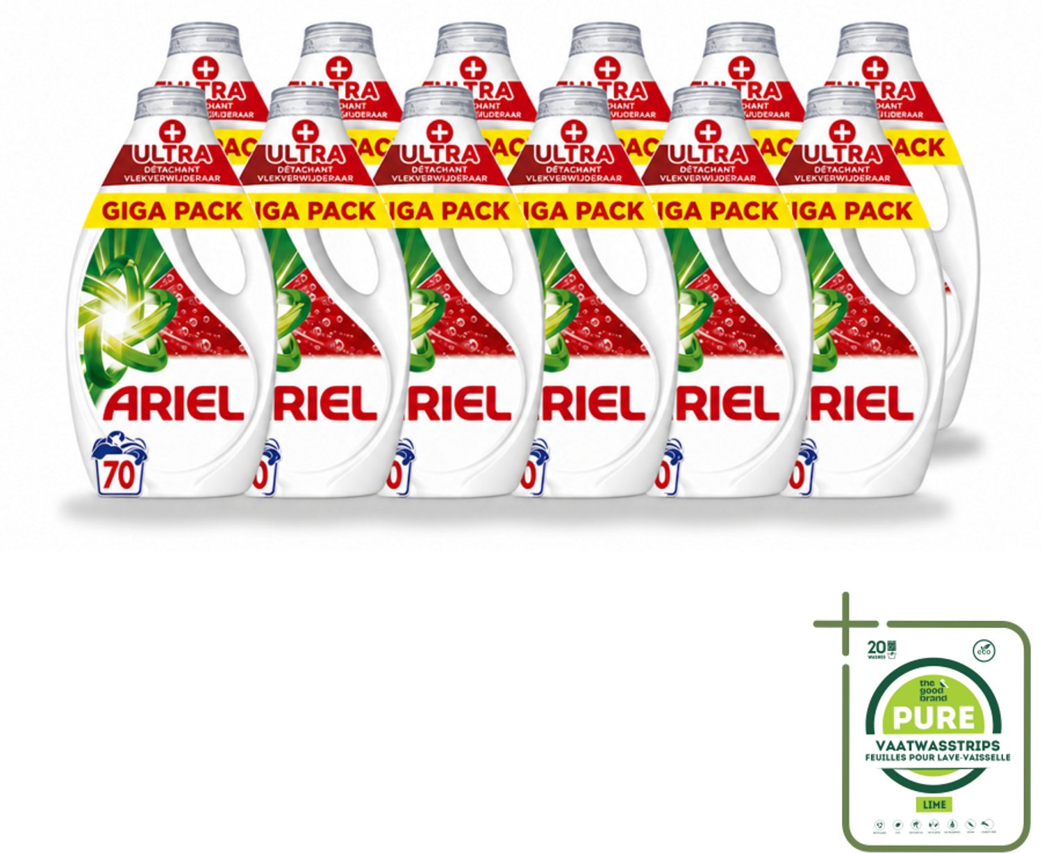 12 x Ariel - Vloeibaar Wasmiddel - +Ultra Vlekverwijderaar - 70 Wasbeurten - 3150 ml - Grootverpakking - Vaatwasstrips - Vlekverwijderaar - Wasmiddel - Vlekken - Wasprogramma - Koude Was