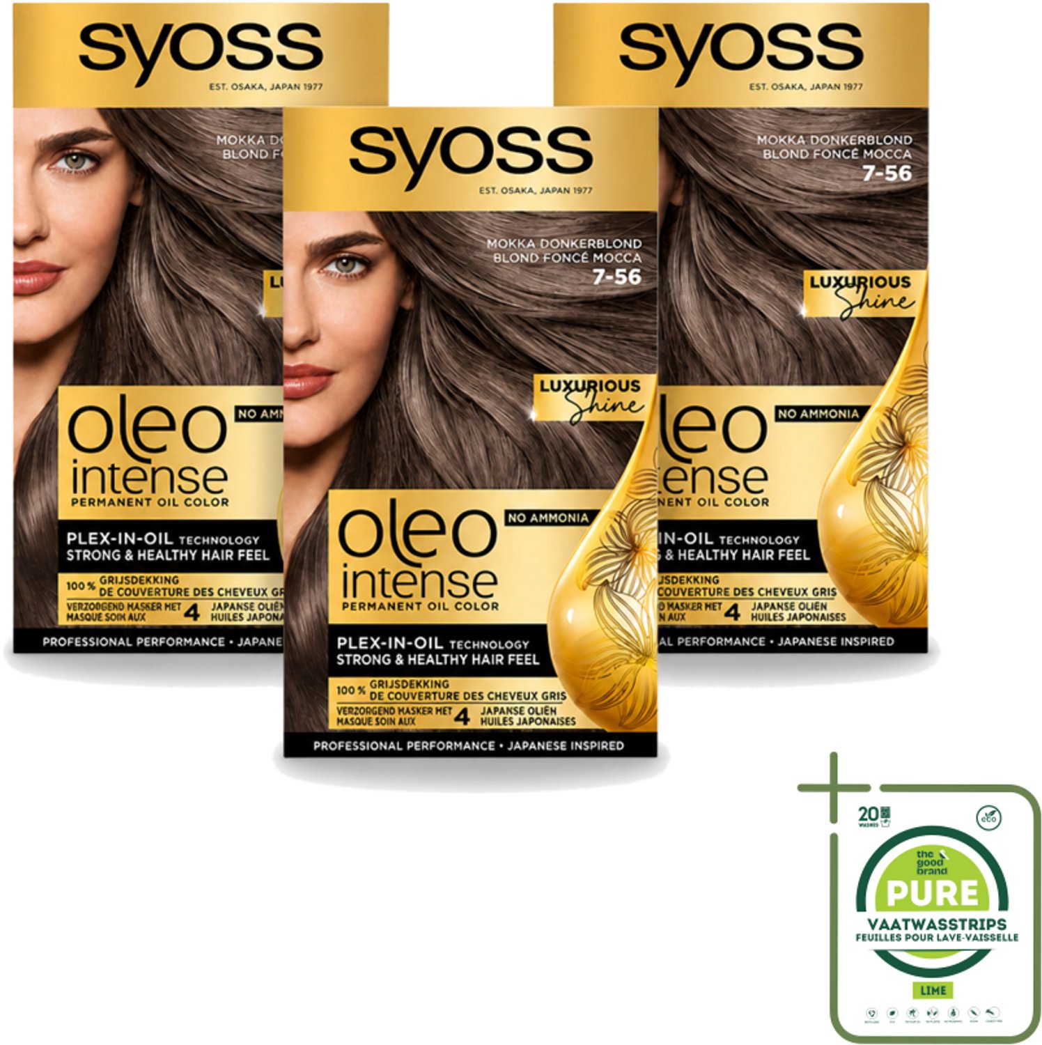 3 x SYOSS - Oleo Intense 7-56 Mokka Donkerblond - Haarverf - Zonder Ammoniak - Grijsdekking - Langdurige Kleur - Grootverpakking - Vaatwasstrips - Haarkleuring - Permanente Haarkleuring - Zonder Ammoniak - Olijfkleur - Grijsdekking