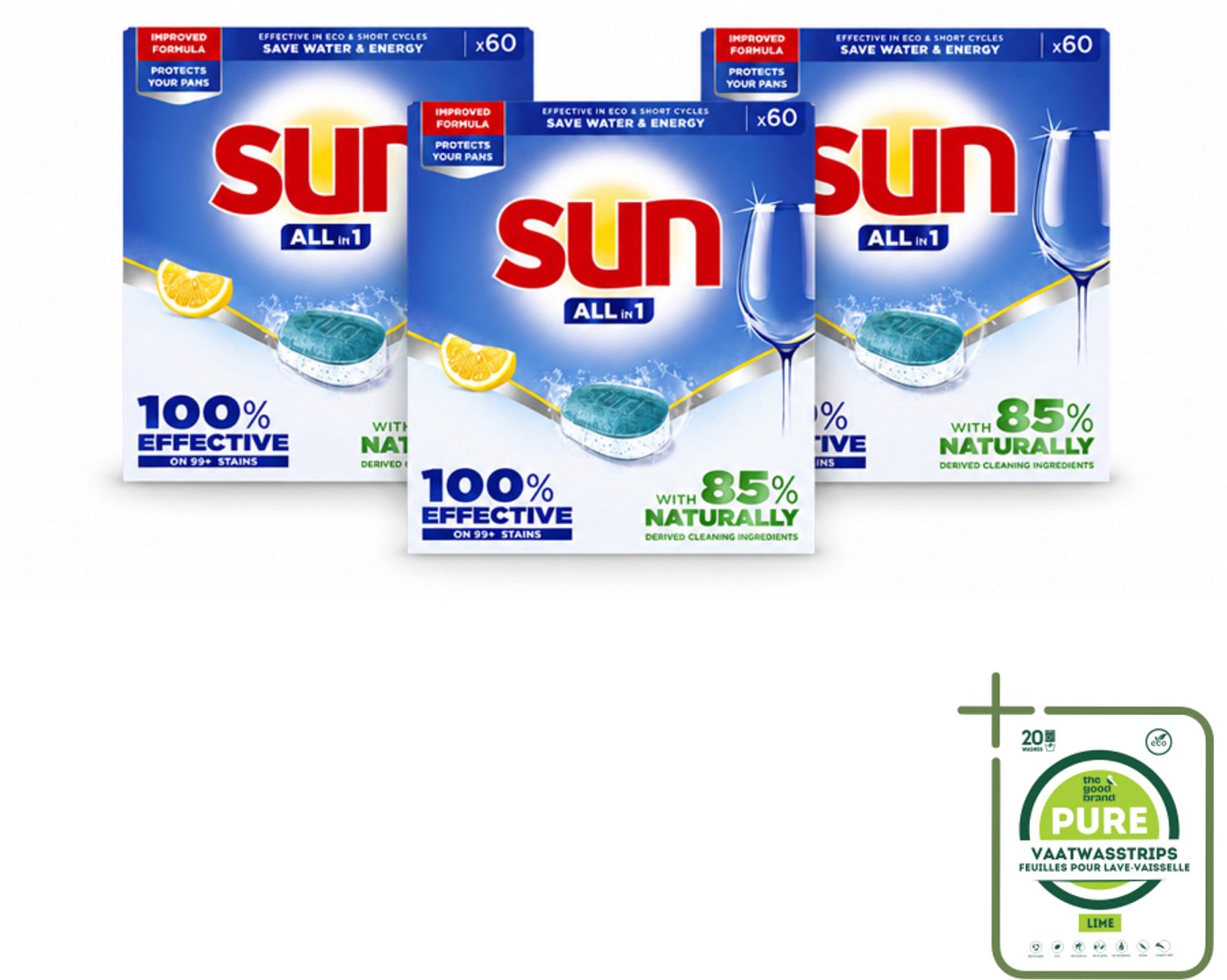 3 x Sun - Vaatwastabletten - All-in-1 Citroen - 60 tabletten - Grootverpakking - Vaatwasstrips - Vaatwastabletten Citroen - Vaatwasmiddel - Reiniging - Schone Vaat - Glans