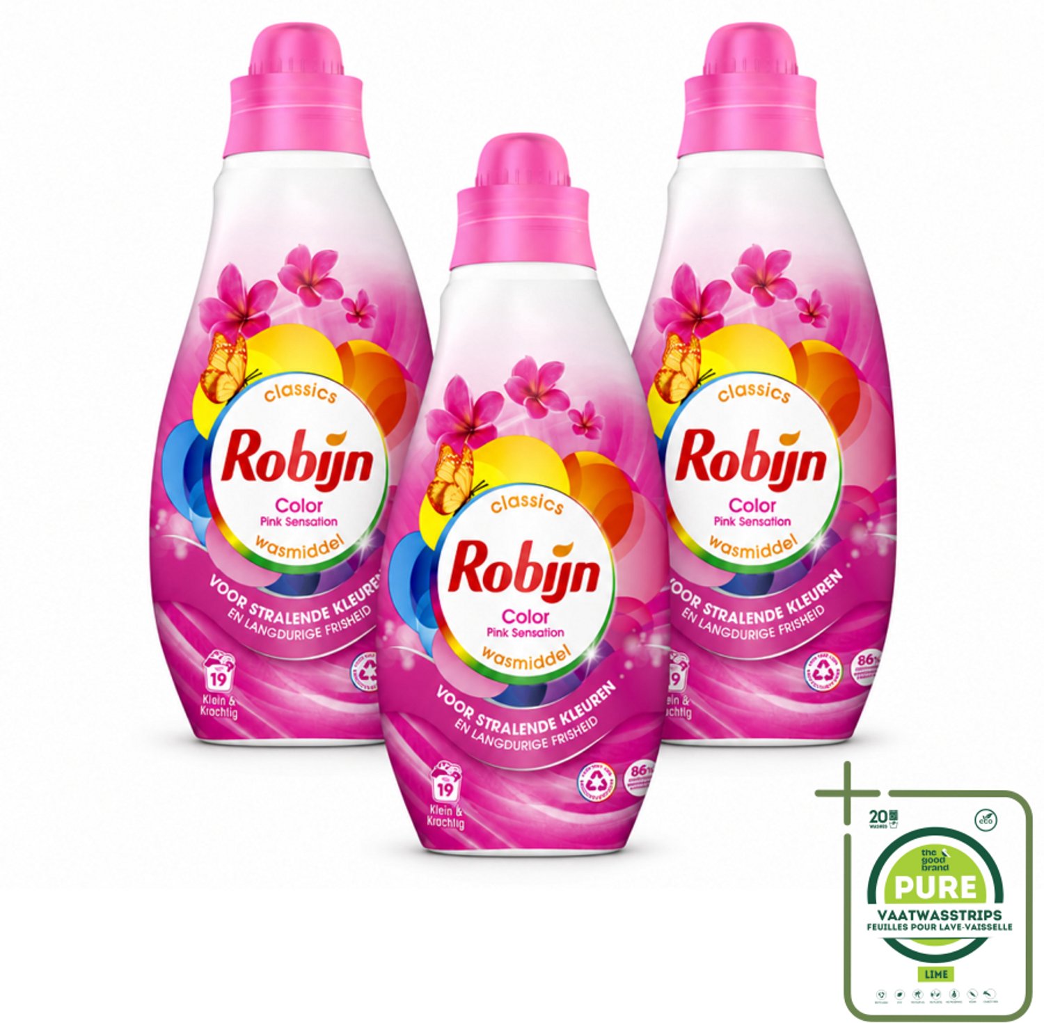 3 x Robijn - Klein & Krachtig Classics Color Pink Sensation - Vloeibaar Wasmiddel - 19 Wasbeurten - Grootverpakking - Vaatwasstrips - Kleurbehoud - Frisse Was - Wasmiddel Voor Gekleurde Kleding - Biologisch Afbreekbaar - Milieuvriendelijk