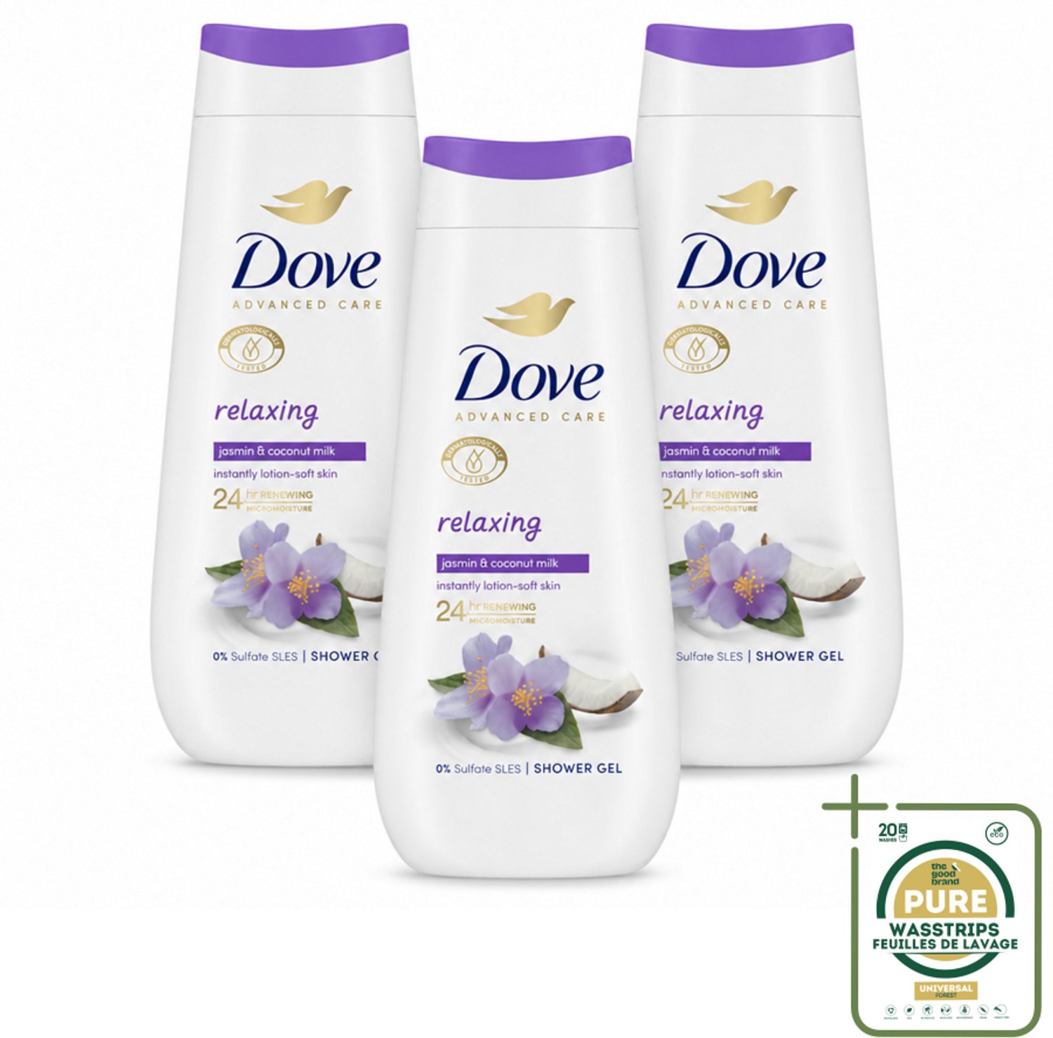 3 x Dove Douchecrème - Relaxing - Kokos & Jasmijn - 225 ml - Wasstrips - Douchegel - Hydraterende Douchegel - Ontspannende Douchegel - Jasmijn Geur - Kokosmelk Geur
