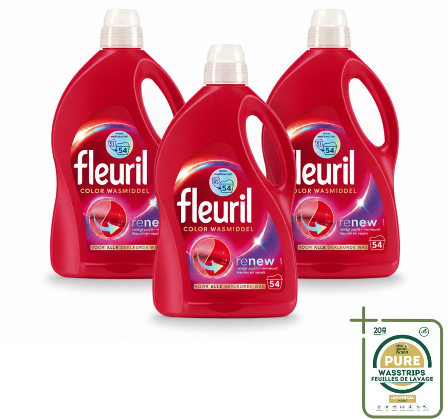 3 x Fleuril - Wasmiddel - Renew Color Vloeibaar Wasmiddel - Gekleurde Was - 54 wasbeurten - Wasstrips - Kleurbehoud - Wasmiddel Voor Gekleurde Was - Vloeibaar Wasmiddel - Frisse Geur - Vezelverzorging