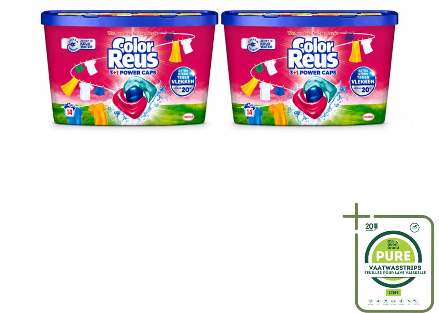2 x Color Reus - 3+1 Power Caps - Gekleurde Was - 14 Wasbeurten - Grootverpakking - Vaatwasstrips - Kleurbehoud - Wasmiddelcapsule - Krachtige Was - Stralend Schoon - Fris Wasgoed