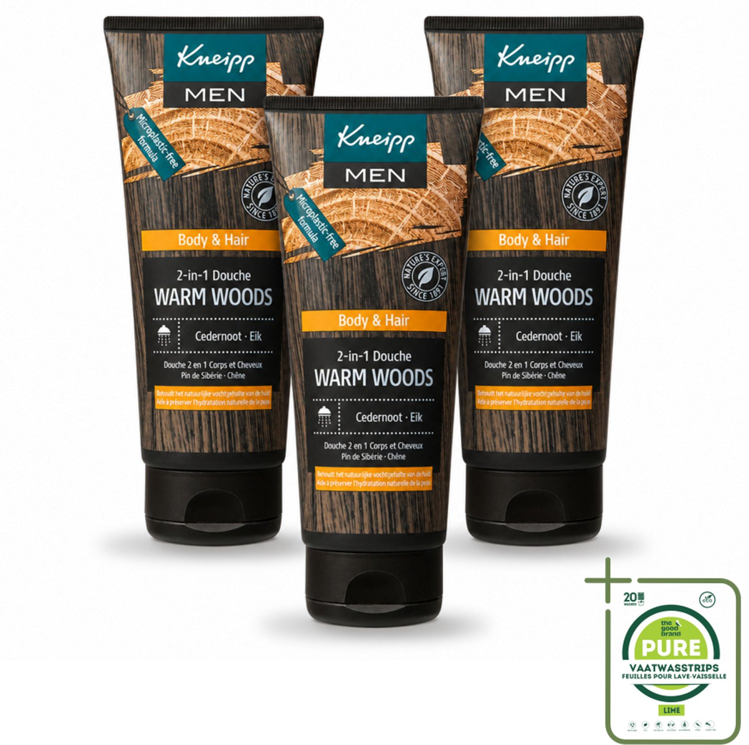 3 x Kneipp - Douchegel - Men - Warm Woods - 2-in-1 - 200 ml - Grootverpakking - Vaatwasstrips - Douchegel Voor Mannen - Natuurlijke Verzorging - Houtige Geur - Huid Verzorging - Haar Verzorging
