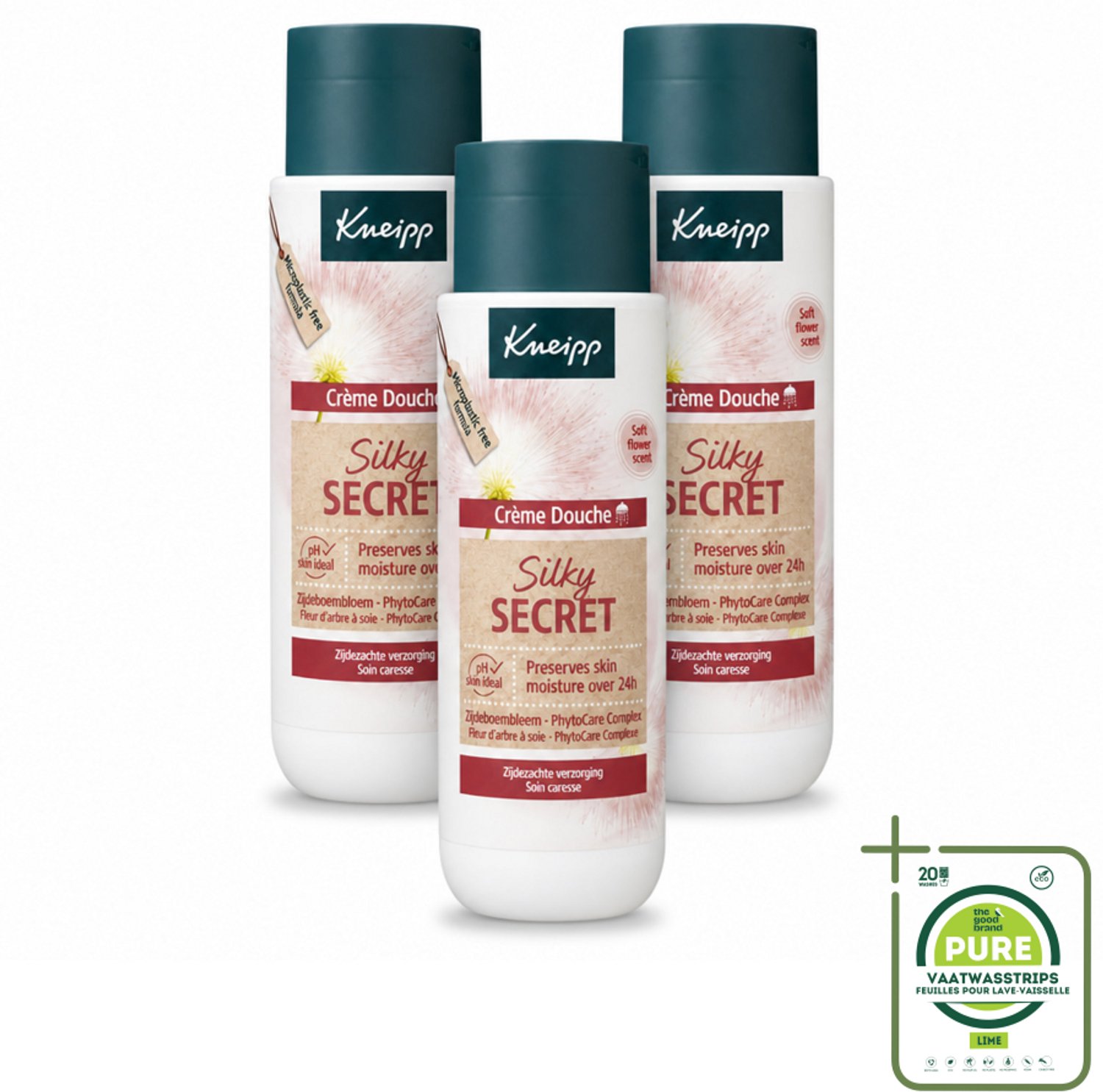 3 x Kneipp - Douchecrème - Silky Secret - 200 ml - Grootverpakking - Vaatwasstrips - Douchecrème - Zijde - Melkproteïnen - Zijdeboombloem - Huidverzorging