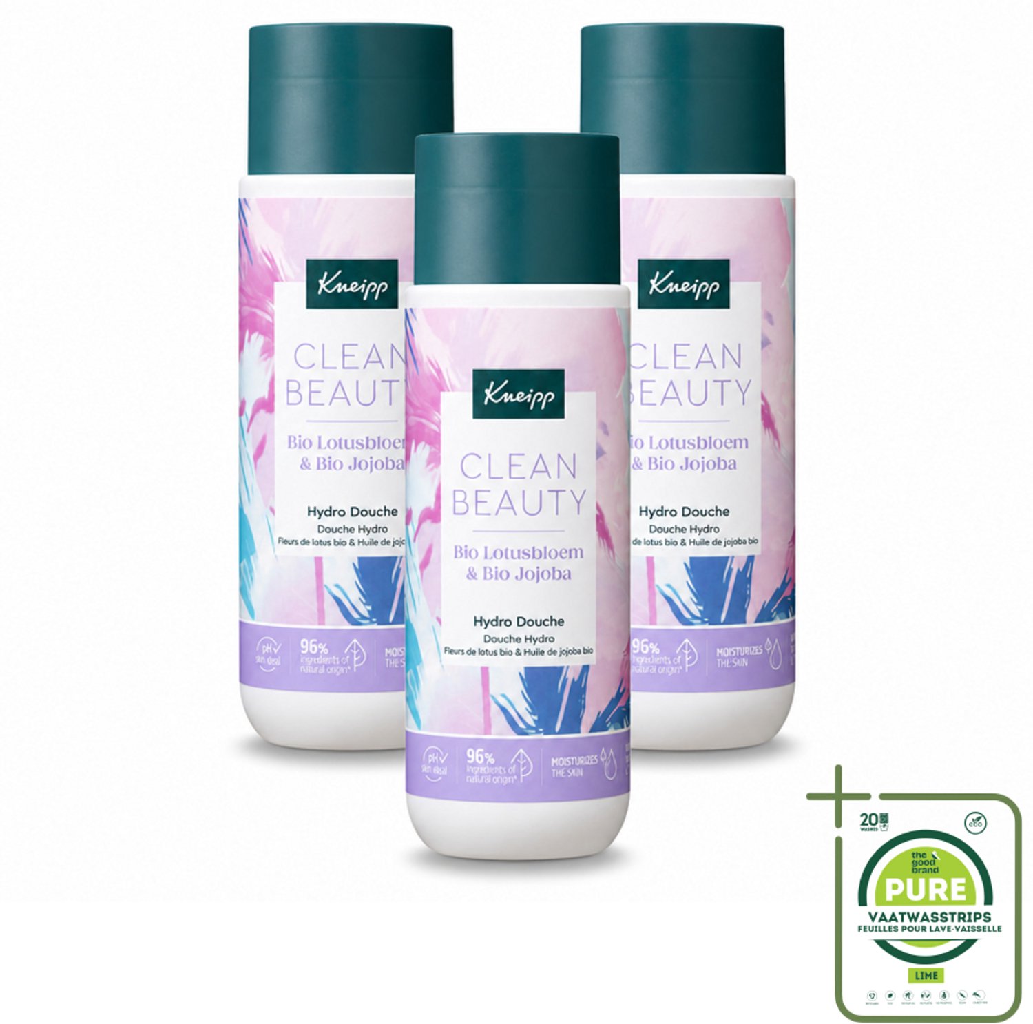 3 x Kneipp - Douchegel - Clean Beauty - Lotus & Jojoba - 200 ml - Grootverpakking - Vaatwasstrips - Douchegel - Natuurlijke Reiniging - Biologische Douchegel - Huidverzorging - Lotusbloem