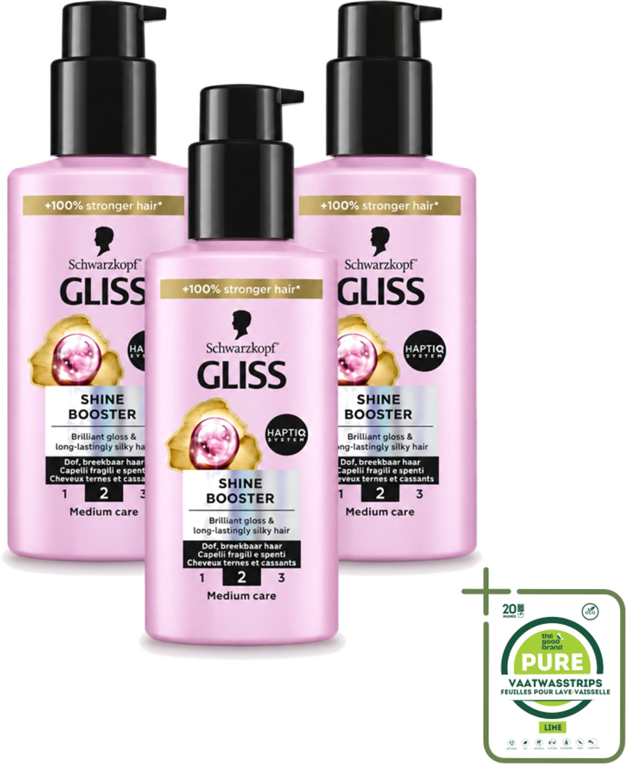 3 x Gliss - Haarserum - Liquid Silk Shine Booster - Fruitige Geur - 100 ml - Grootverpakking - Vaatwasstrips - Haarverzorging - Glans - Haarherstel - Zijdezacht Haar - Haarbescherming