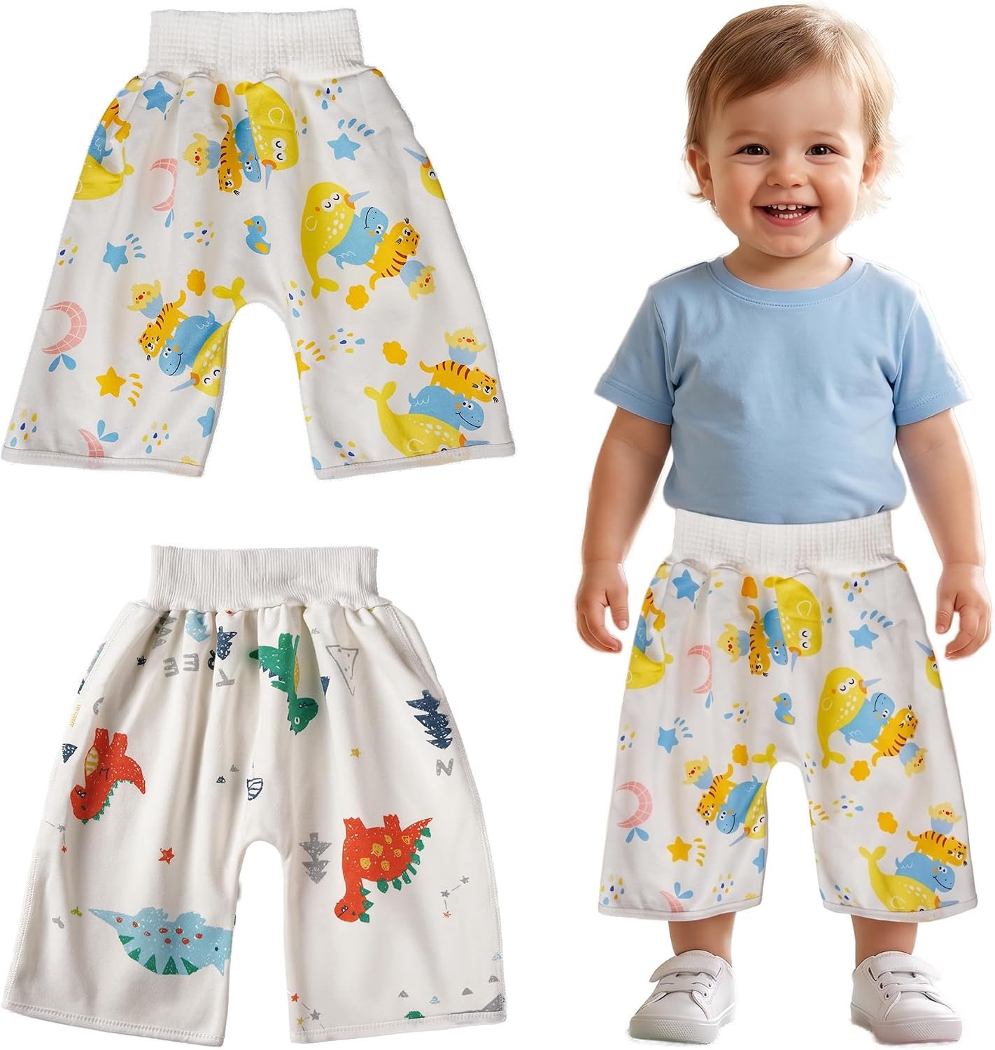 Trainingsbroeken voor Jongens Katoenen Wit，2 Stuks Herbruikbare Trainingsbroek Wasbaar Training Ondergoed Dinosaurus Tijger Druk Oefenbroekjes Zindelijkheid Kinderen Luierbroekjes 4-8 Jaar