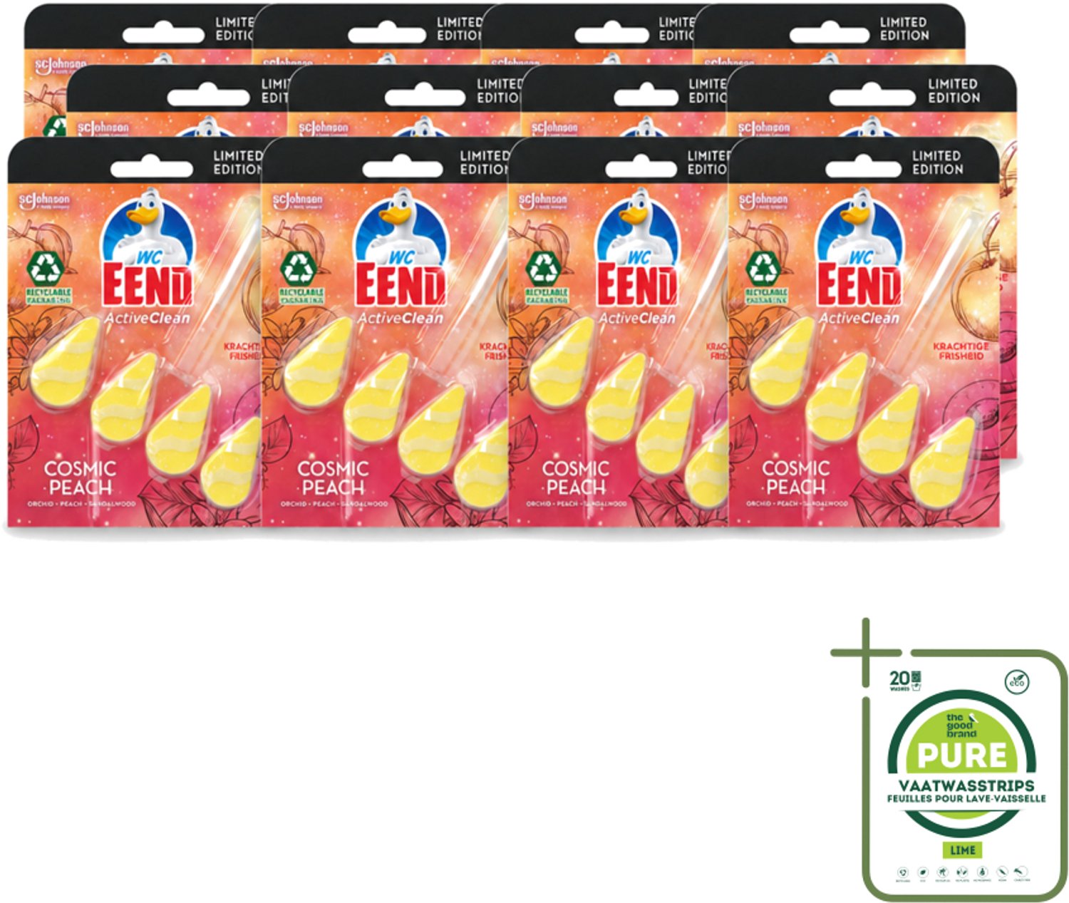 12 x WC Eend - Active Clean Cosmic Peach - Toiletblok - Fruitige Perzikgeur - 38 gr - Grootverpakking - Vaatwasstrips - Toilet Reinigen - Toilet Blok - Perzik Geur - Toilet Schoon - Toilet Hygiëne