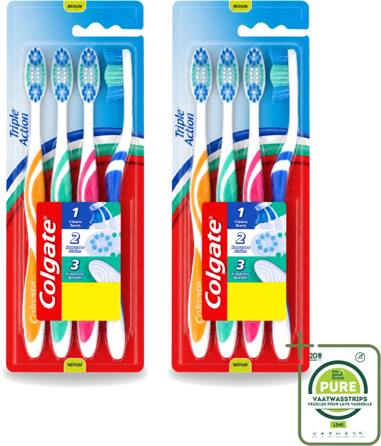 2 x Colgate - Tandenborstels - Triple Action - Medium - 4 borstels - Grootverpakking - Tandenborstel - Mondhygiëne - Ademverfrissend - Tanden Reinigen - Vlekken Verwijderen