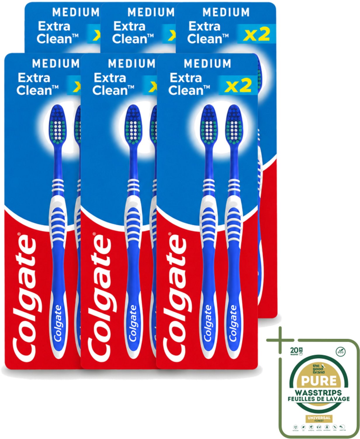 6 x Colgate - Tandenborstels - Extra Clean Duo - Medium - 2 borstels - Wasstrips - Tandenborstel - Mondhygiëne - Reiniging - Tongreiniger - Frisse Adem